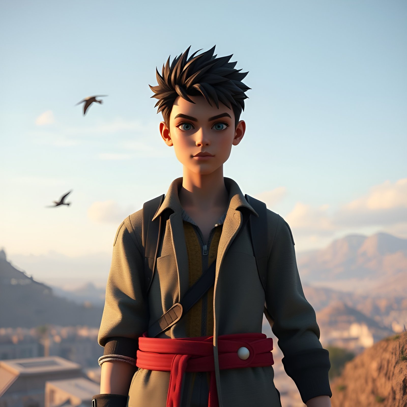 Young cartoon boy in a green coat and red sash standing on cliff overlooking desert city