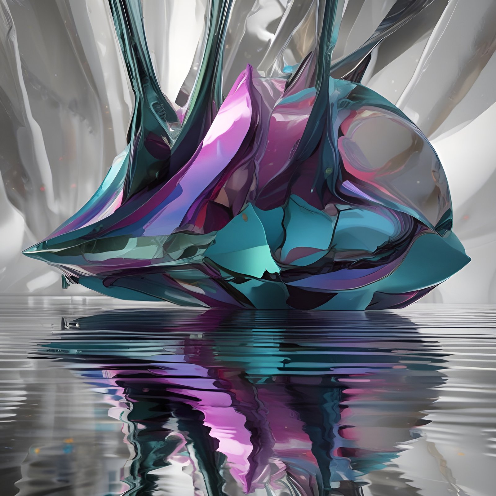 Abstract art iridescent crystal structure reflecting on water surface