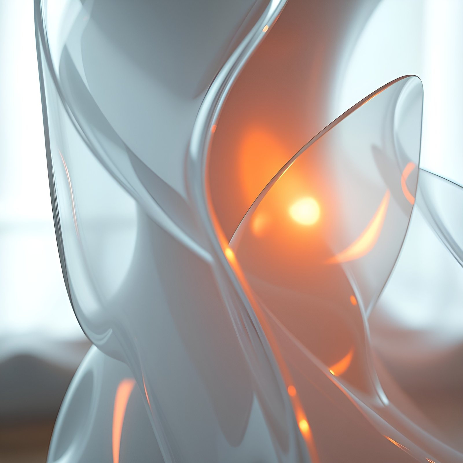 Abstract translucent glass sculpture with orange glowing sunlight and wavy curved forms
