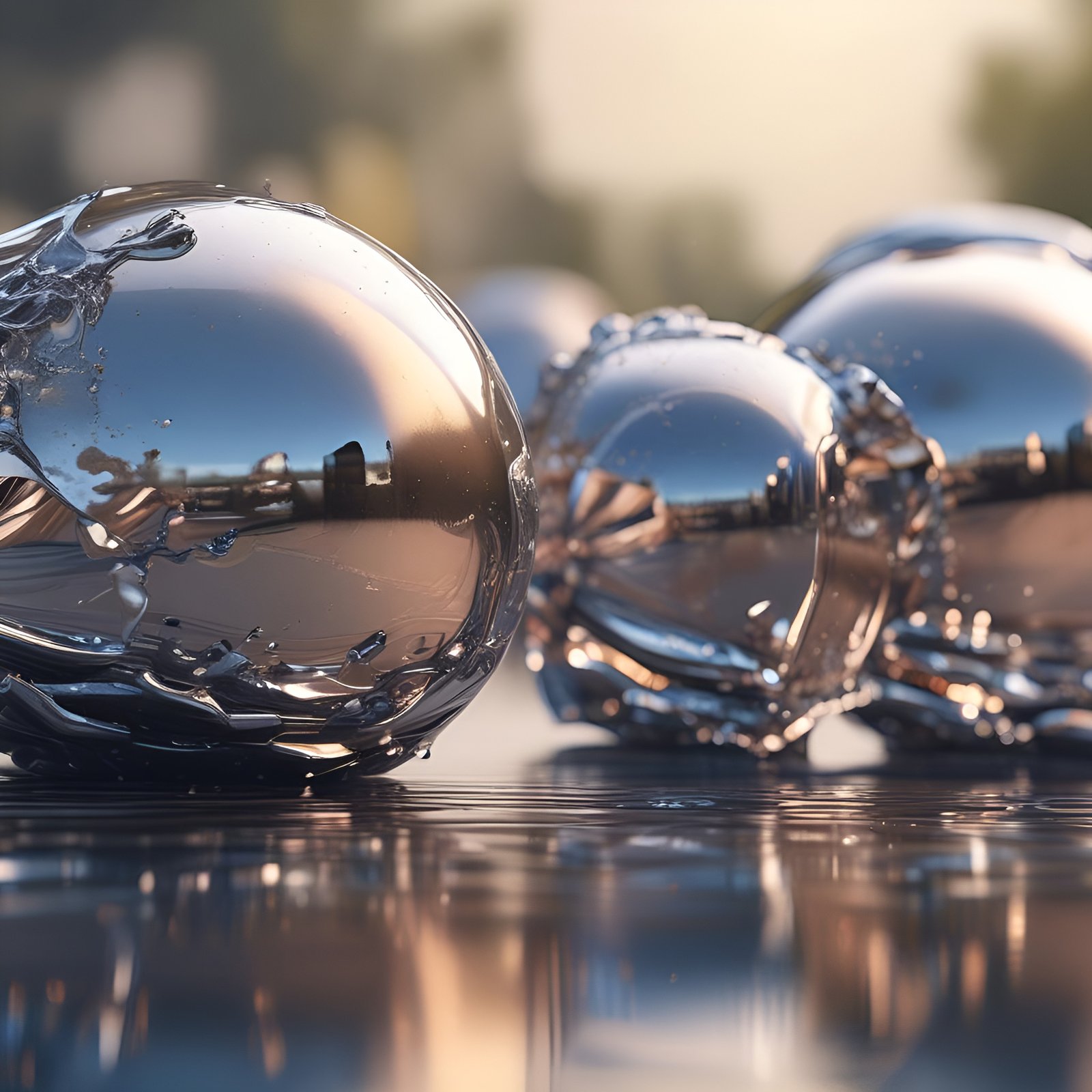 An abstract art with metallic chrome spheres with dripping liquid effect on surface