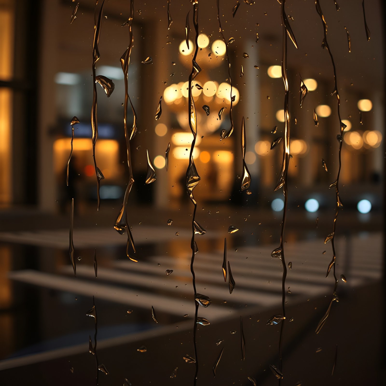 Rain drops on window with bokeh city lights at night