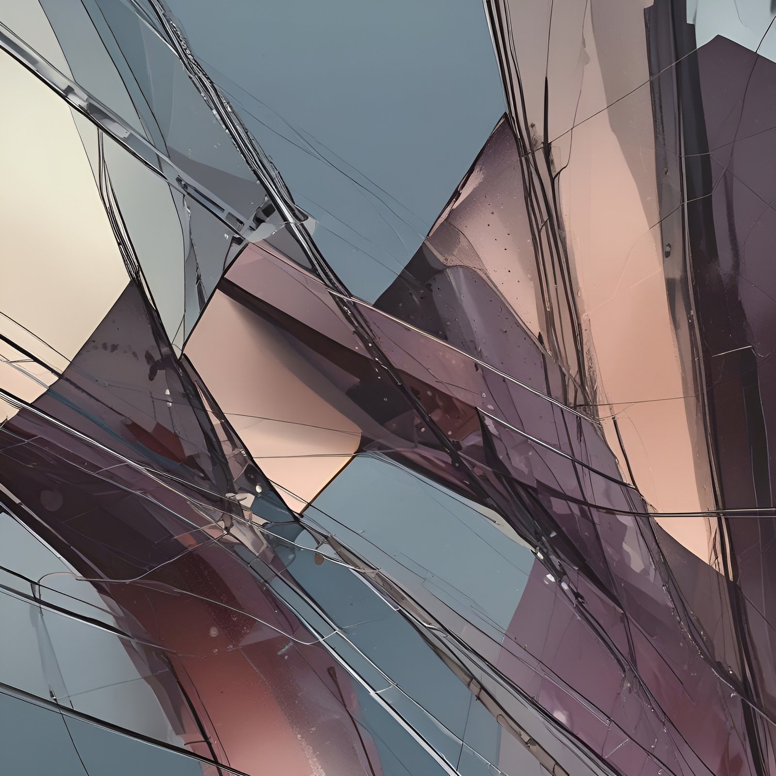 Abstract composition of shattered glass fragments in blue and pink tones