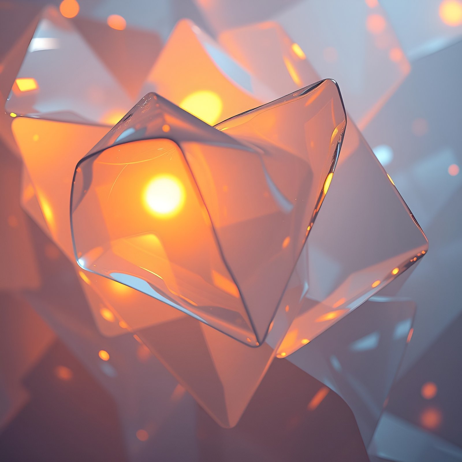 Abstract crystal shards with orange glow and blue tones on gradient background