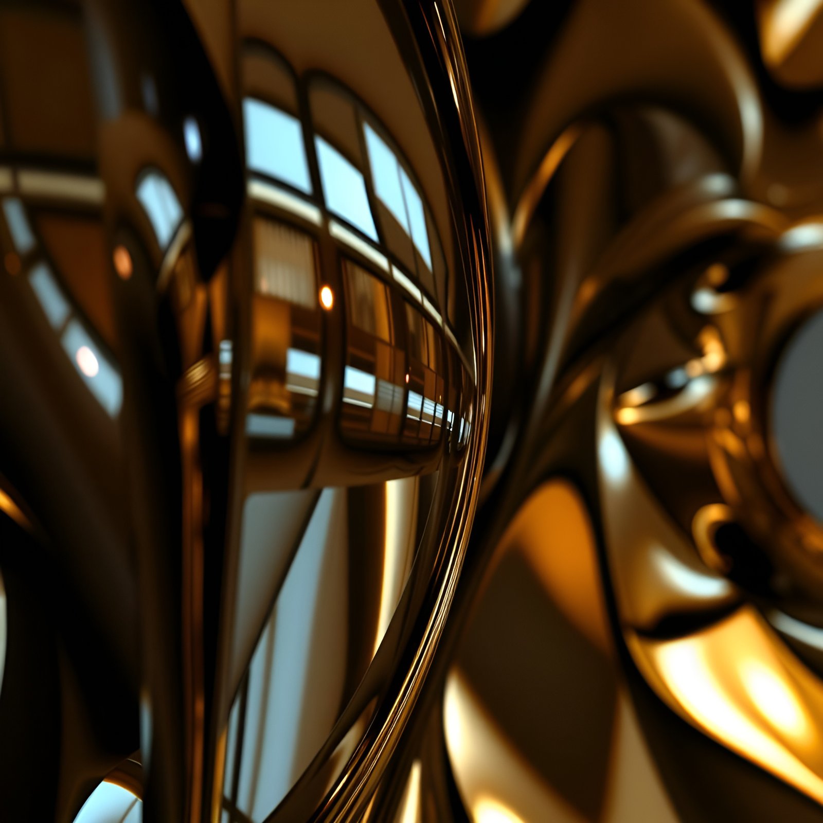 Abstract golden twists with metallic sheens and bronze curves on gray backdrop
