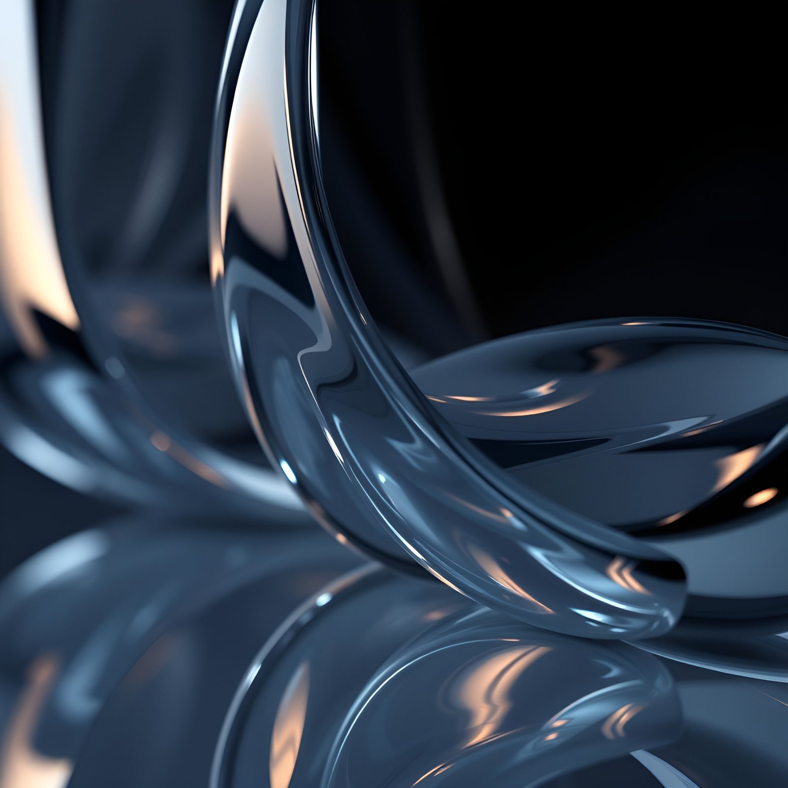 Abstract metallic loops in blue tones with reflections on dark background