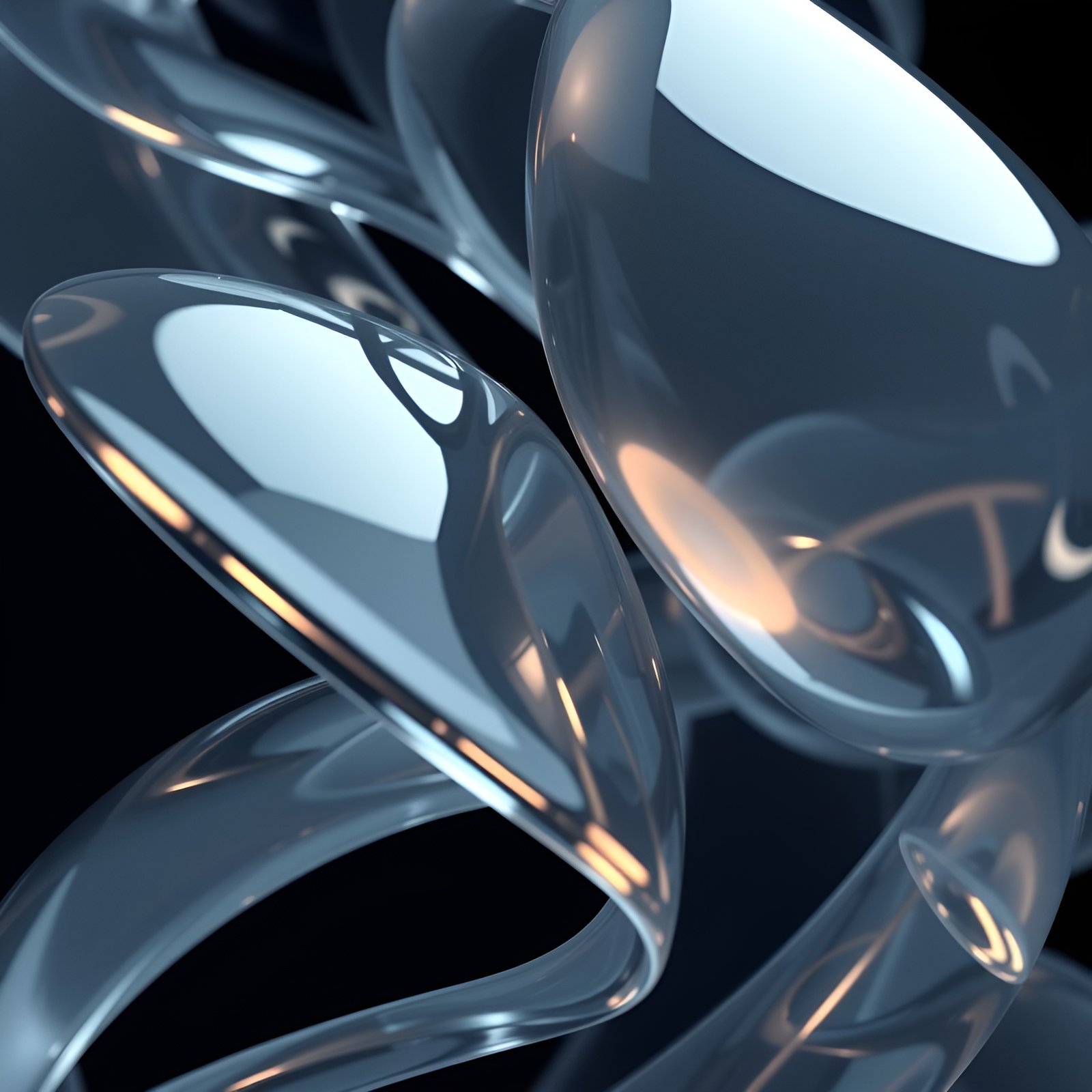 Abstract twisted glassy shapes in blue on black background with orange highlights