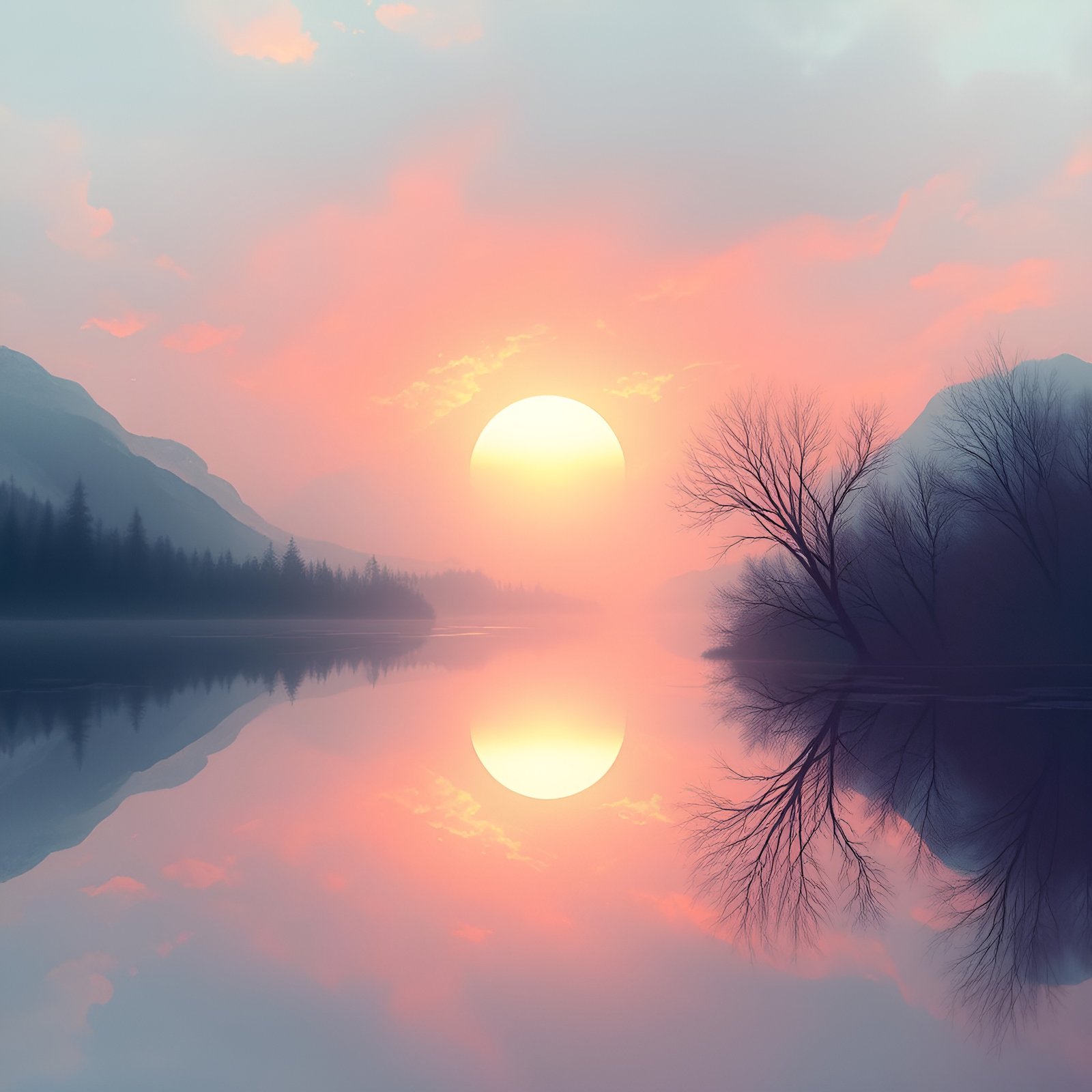 A nature photograph of an alpine lake at peach sunrise with a full sun disk mirrored on still water and a bare willow.