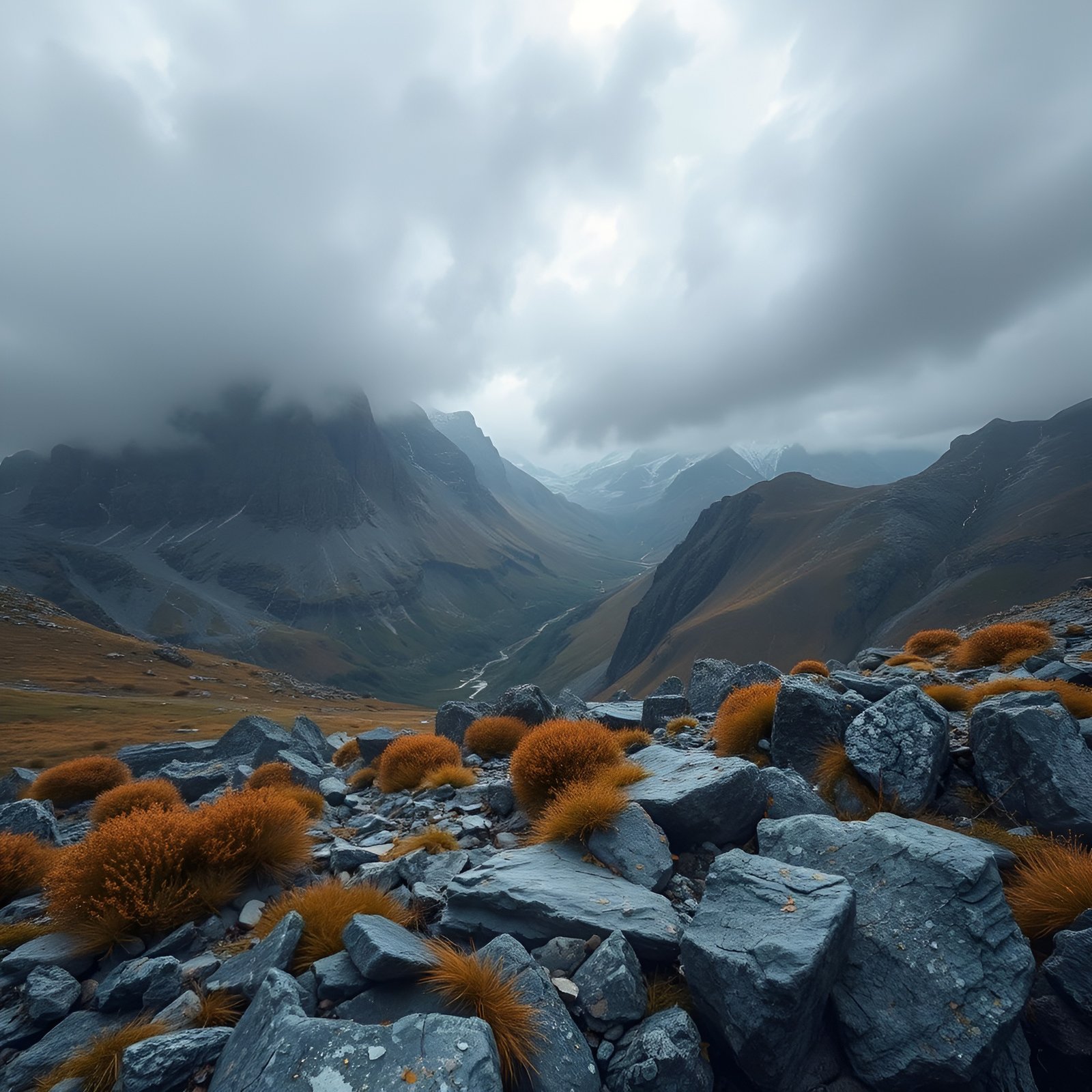 A nature photograph of an alpine valley of gray scree and orange tussock grass with cloud-capped peaks and a thin stream.
