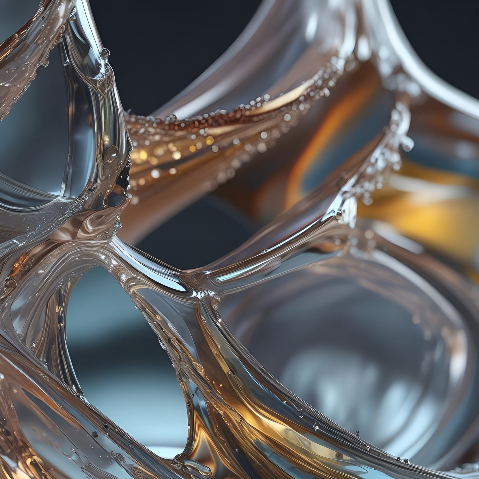 Abstract art of a close amber and clear glass web with droplets and gold light.