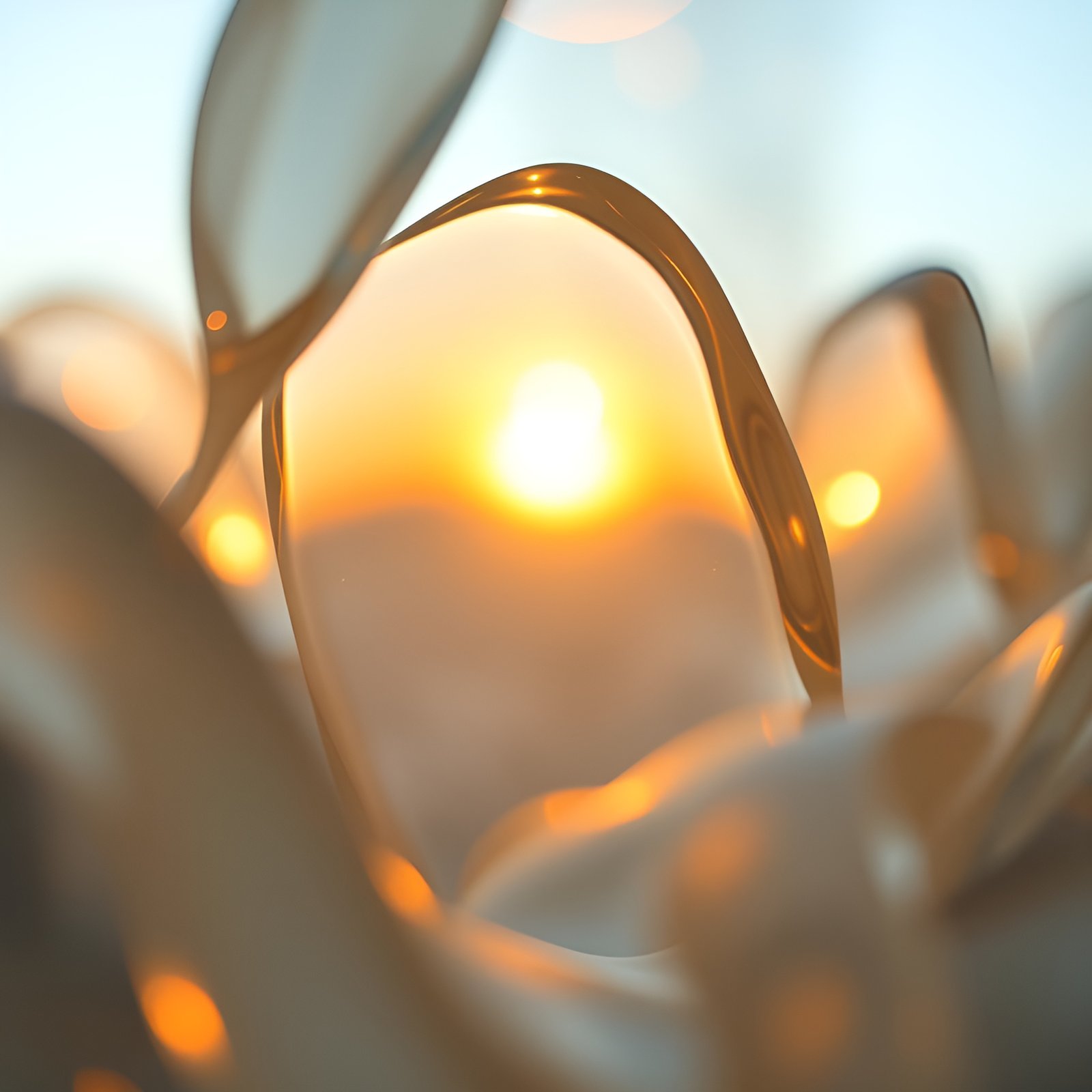 An abstract image of amber glass droplets framing a gold sunset disk with warm orange bokeh orbs.