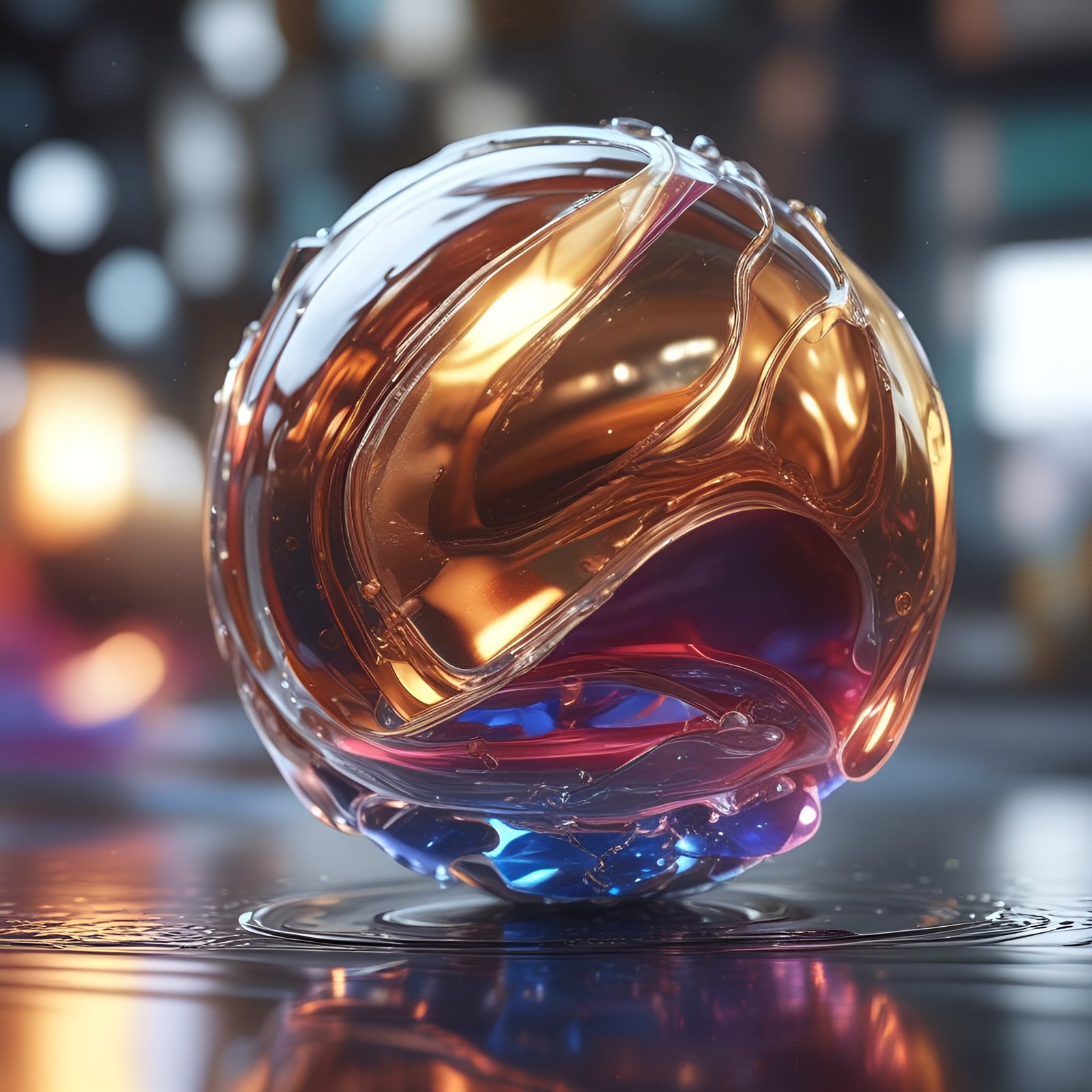 Abstract art of an amber, gold, and cobalt glass sphere in a shallow ripple on a dark table.