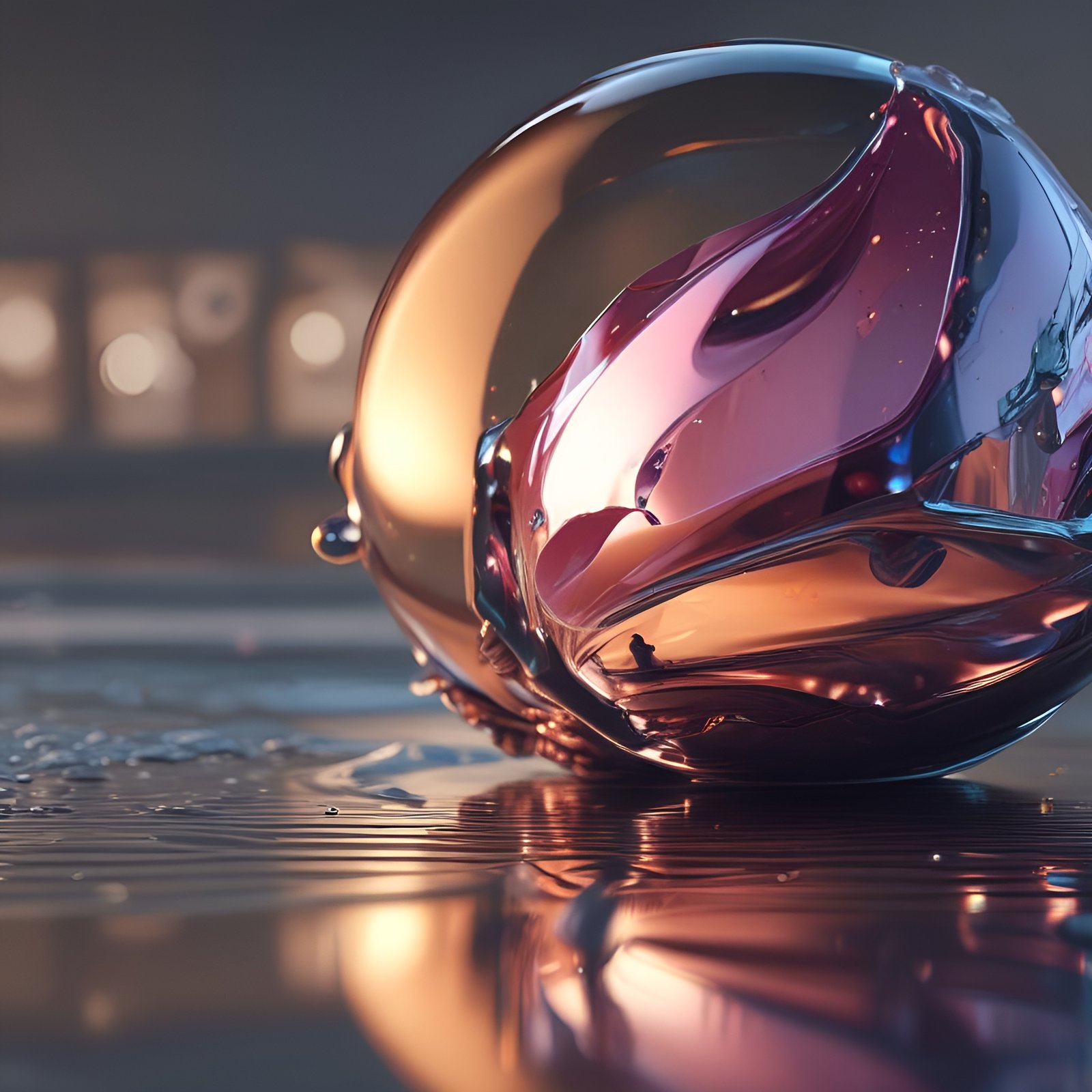 A 3d poster art of an amber and magenta molten-glass droplet on a wet table with ripple rings.