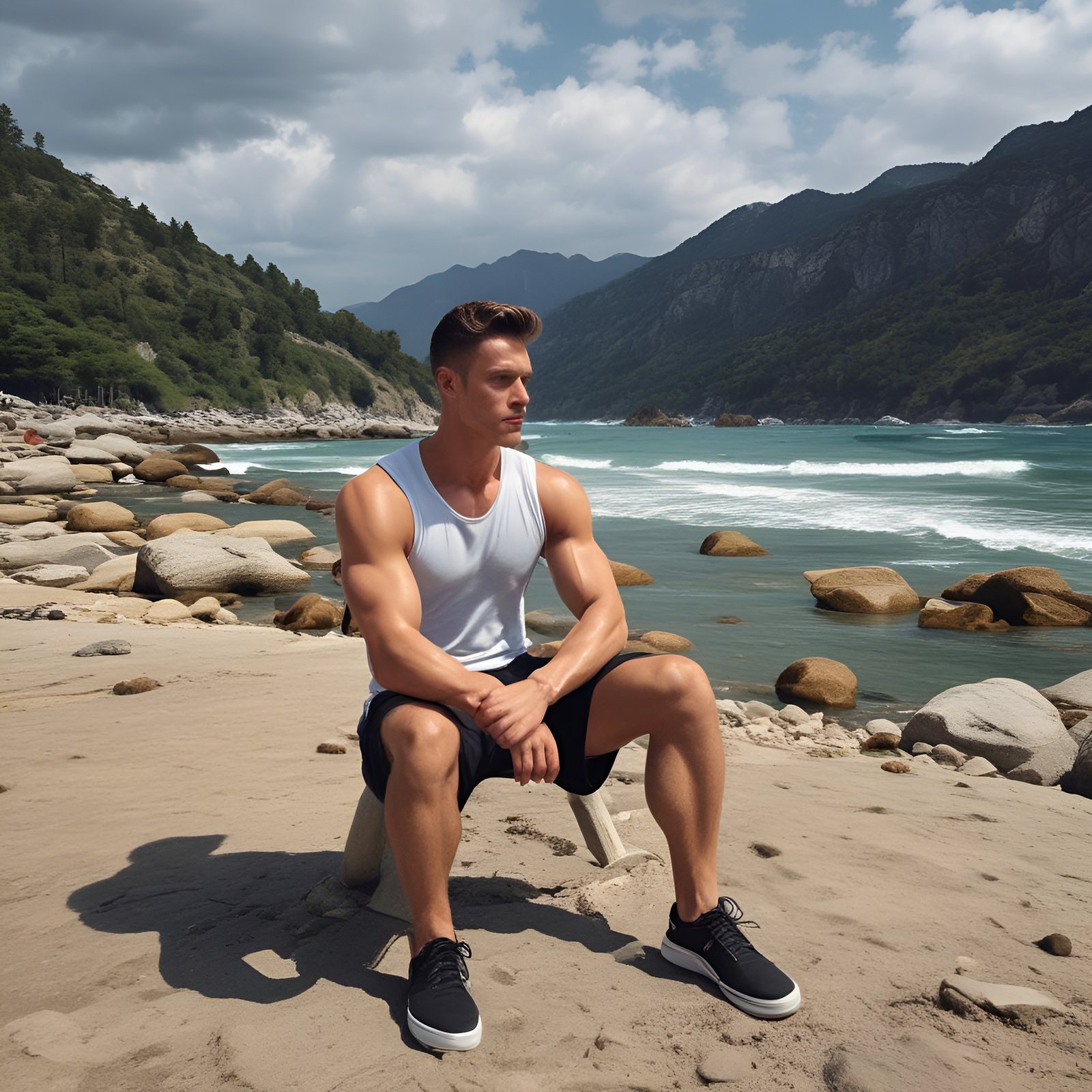 An athletic guy in white tank and shorts sitting on beach rock with mountain coast