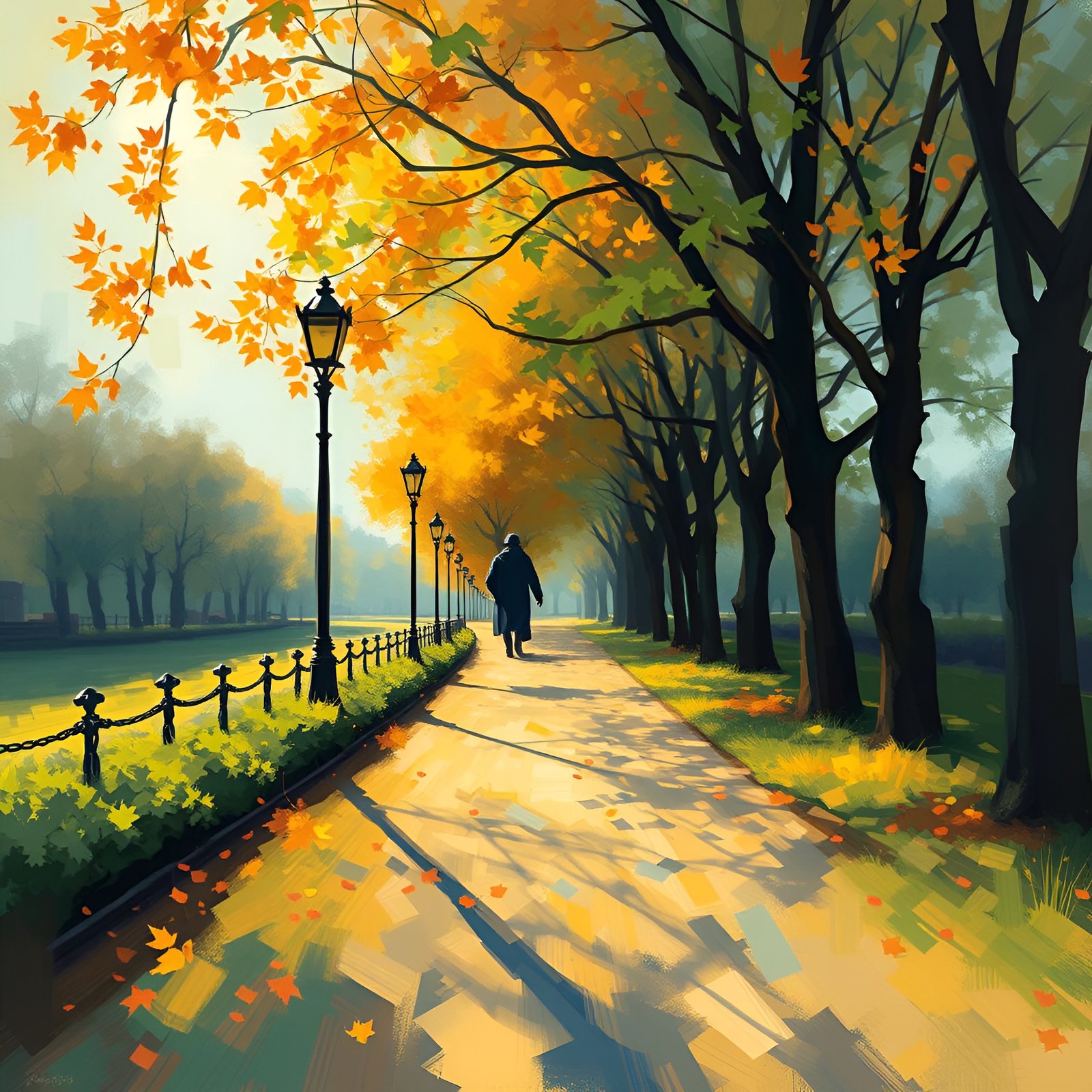 An oil painting style of an autumn park walk under gold maple trees with black gas lamps beside a canal.