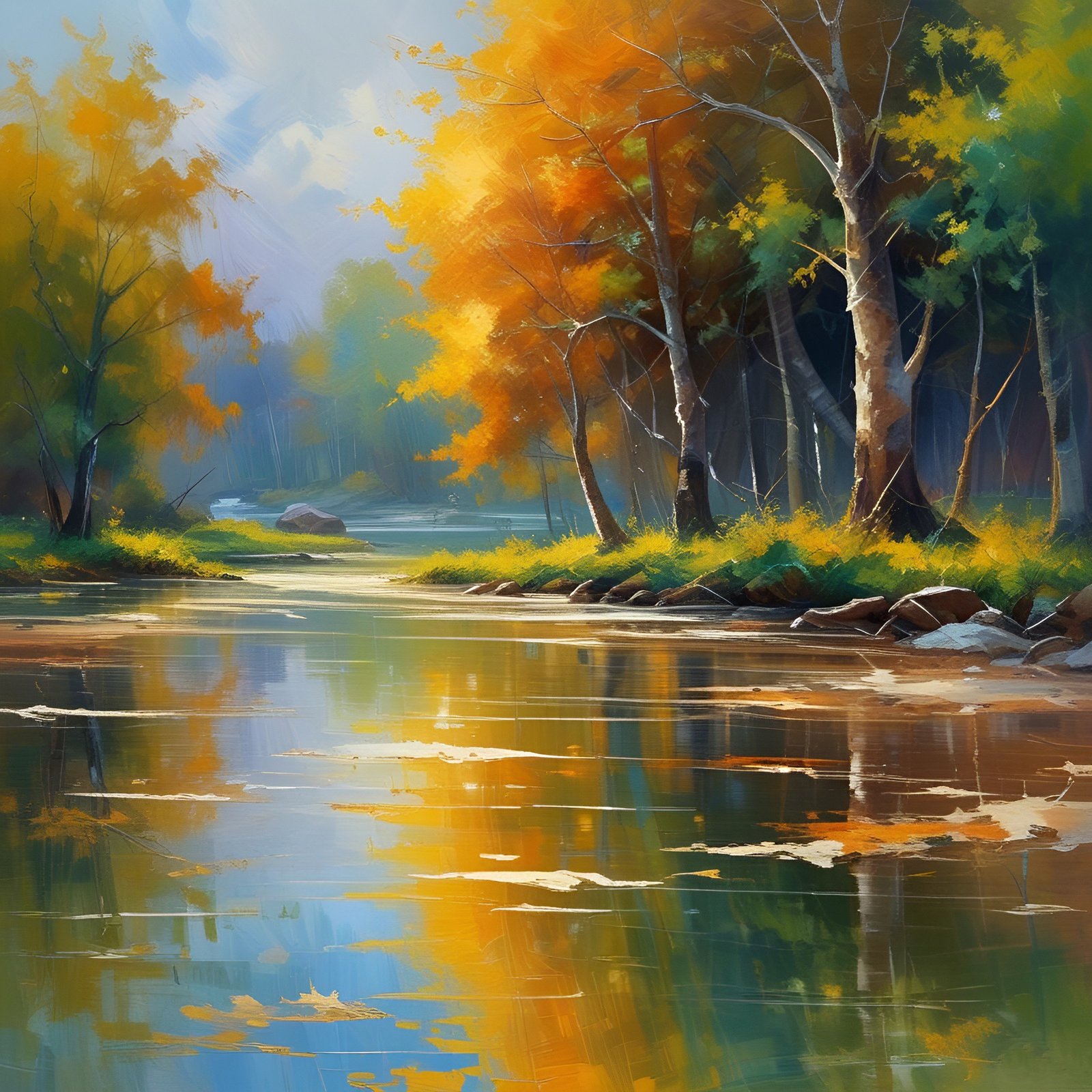 Painting of an autumn river with orange and gold trees reflecting in still water