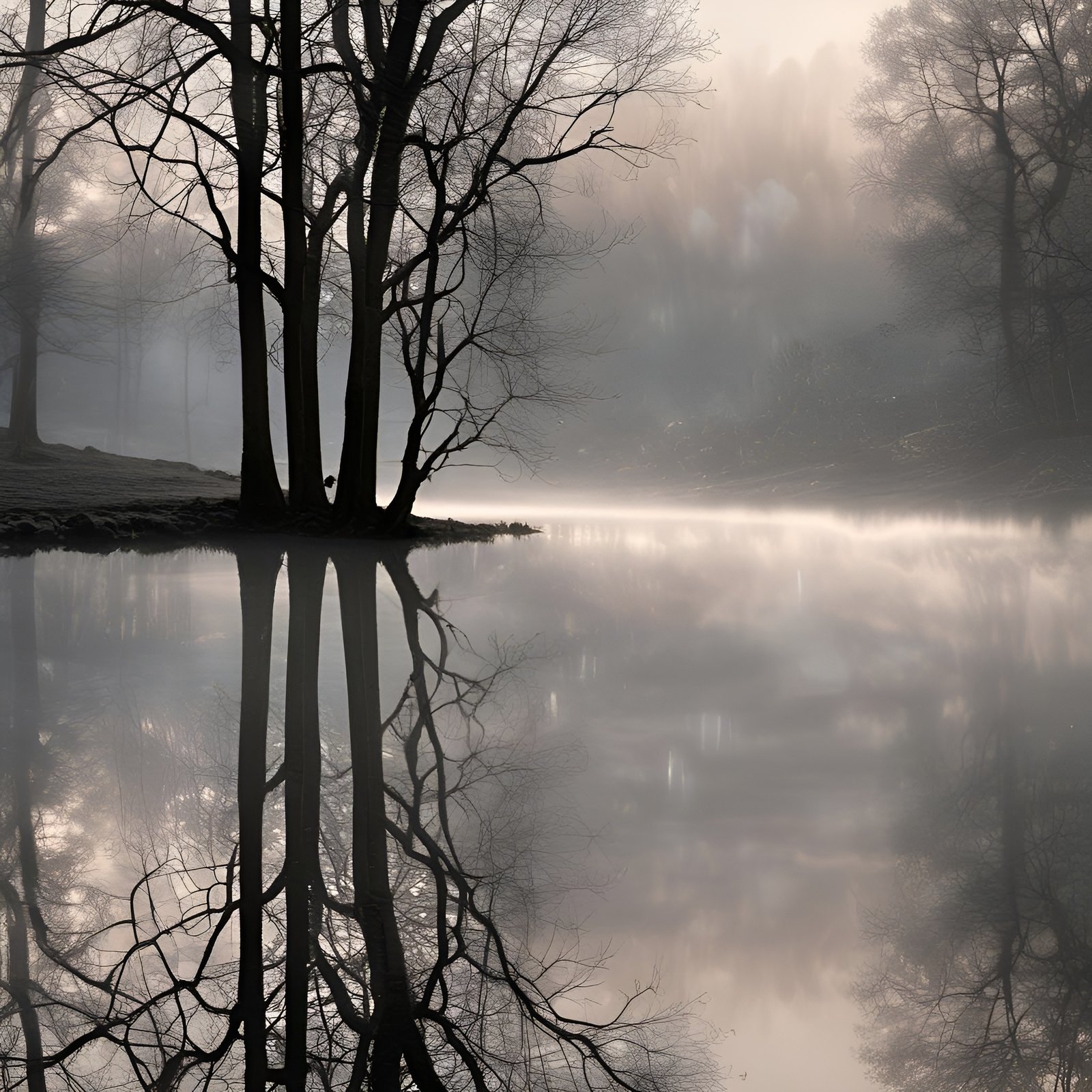 A nature photograph of bare winter trees on a misty lake shore with perfect trunk reflections and a gray-pink far bank.
