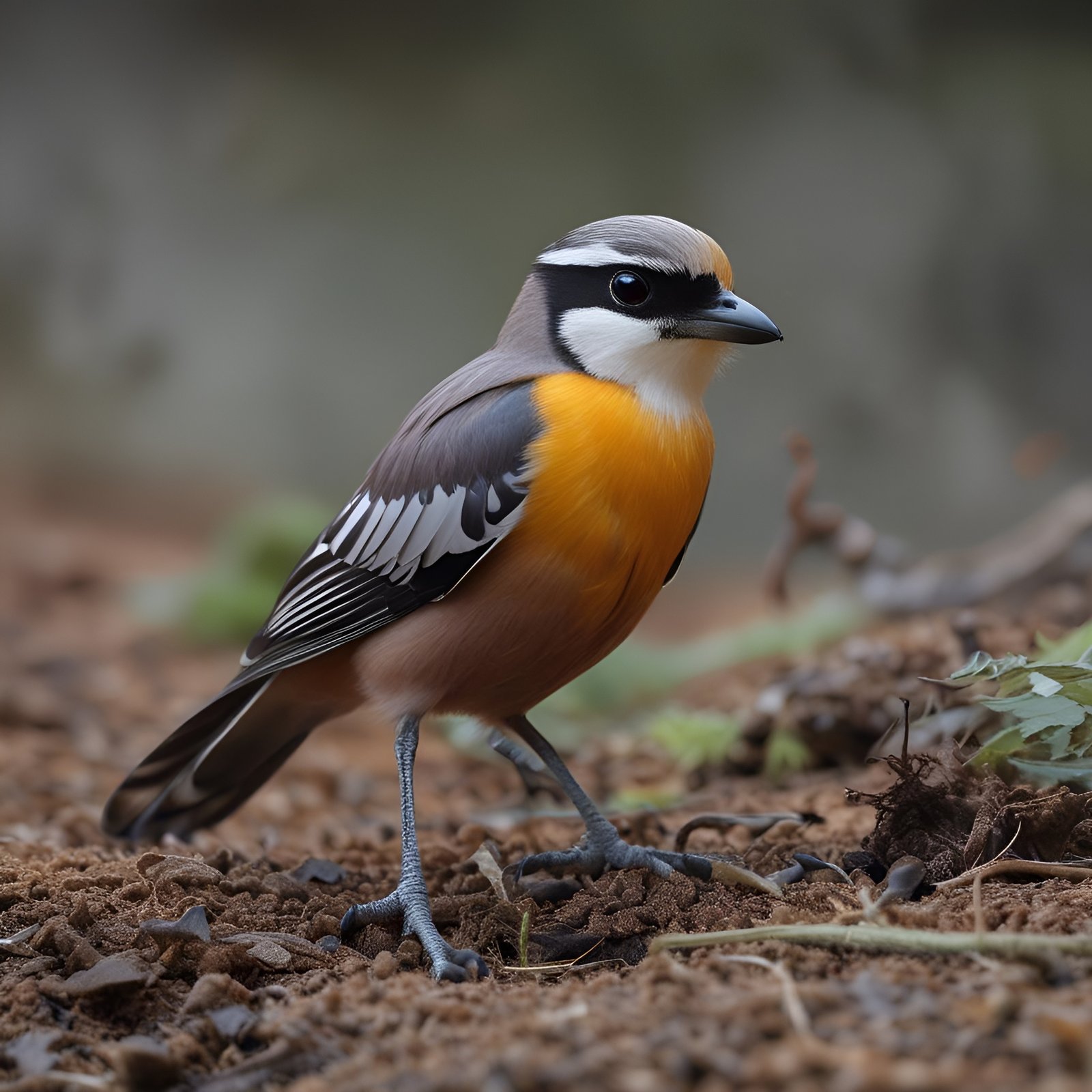 Bird with orange chest and gray head with black and white markings on ground