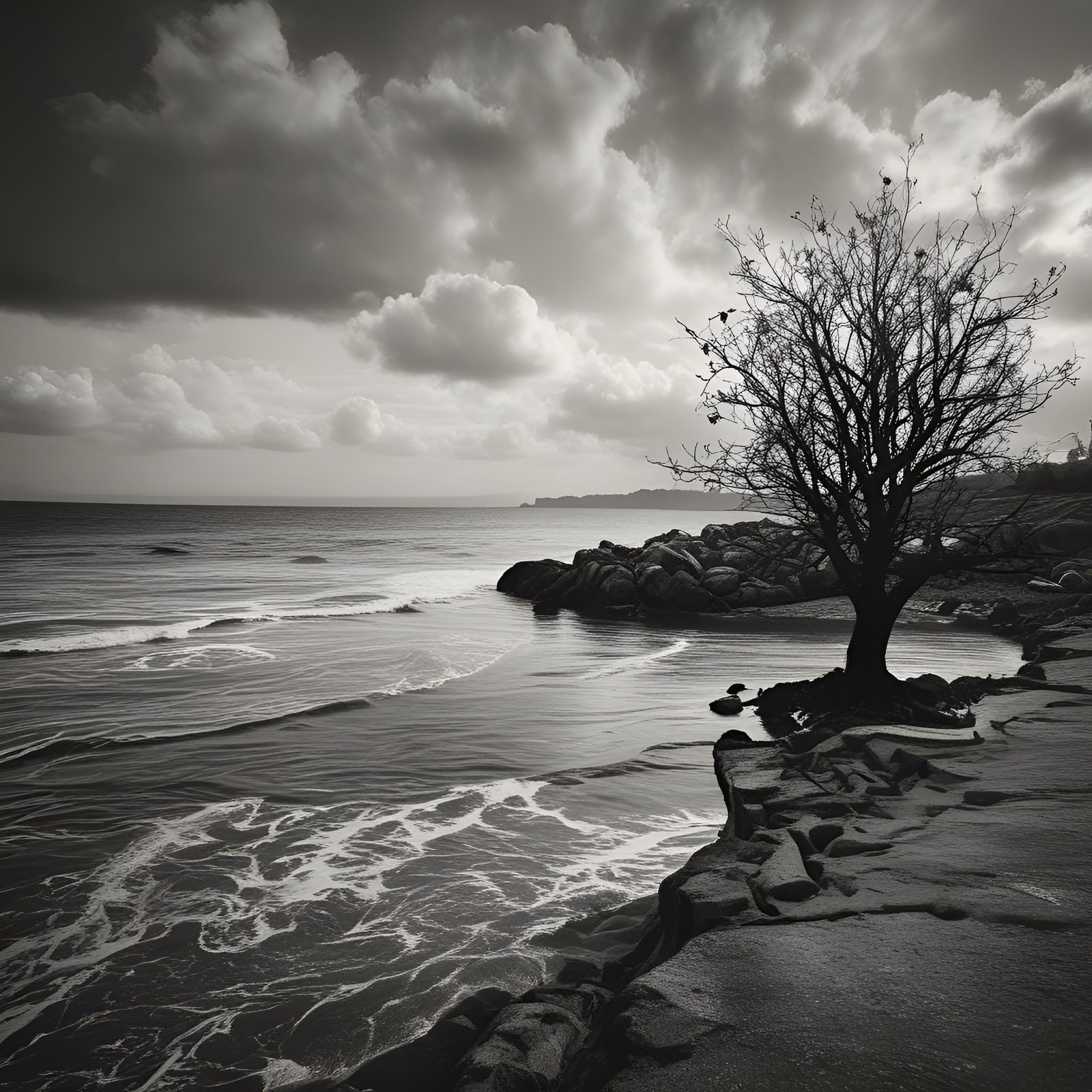 A black and white art nature photograph of a beach with a dead tree under a stormy sky