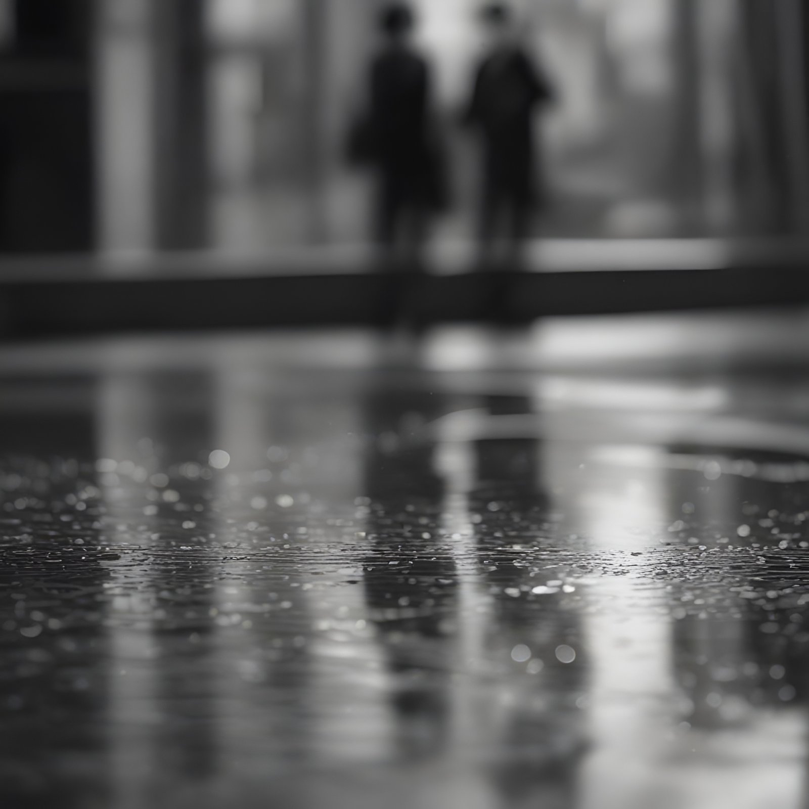 Black and white photo art with silhouettes of people on wet ground on a rainy street