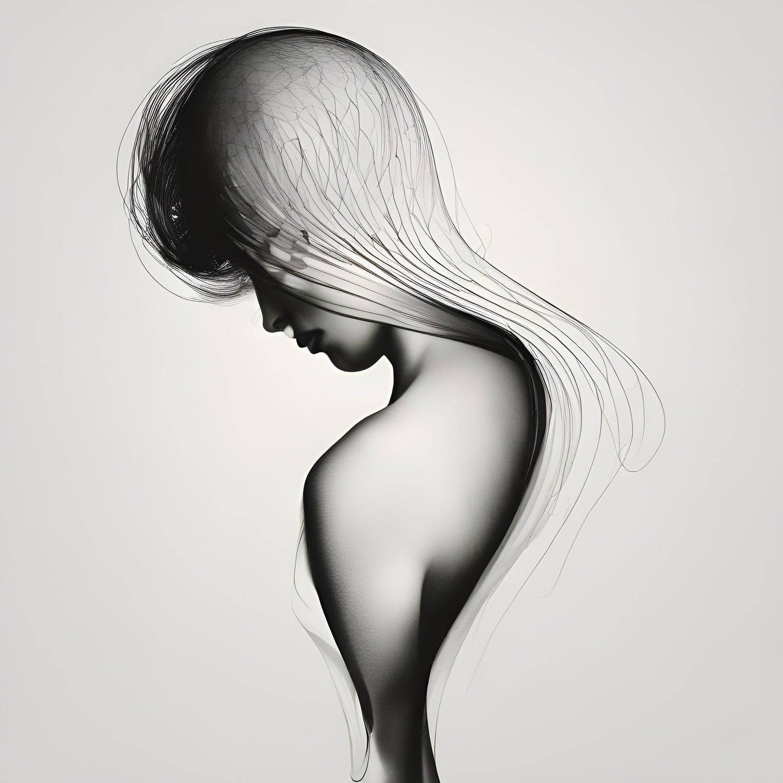 Female figure art in black and white of a woman in side view with bowed head and closed eyes on a pale studio ground.