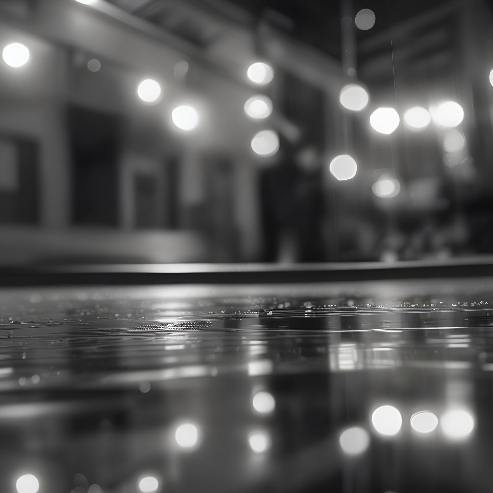 A black and white creative photograph across a wet indoor floor that mirrors round hanging lamps as soft bokeh.