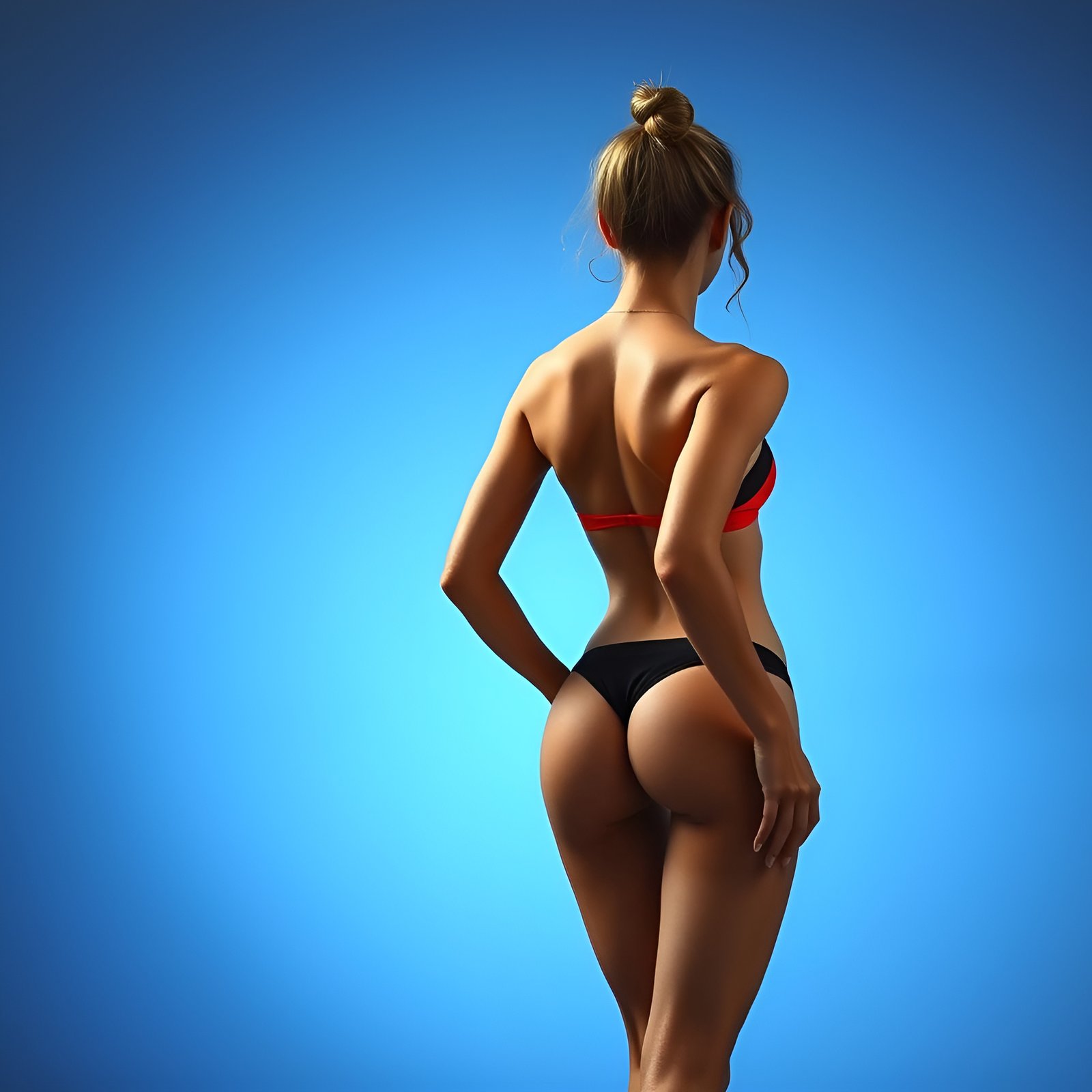 Photo of a blonde woman in a black bikini with a red strap in a solid blue studio