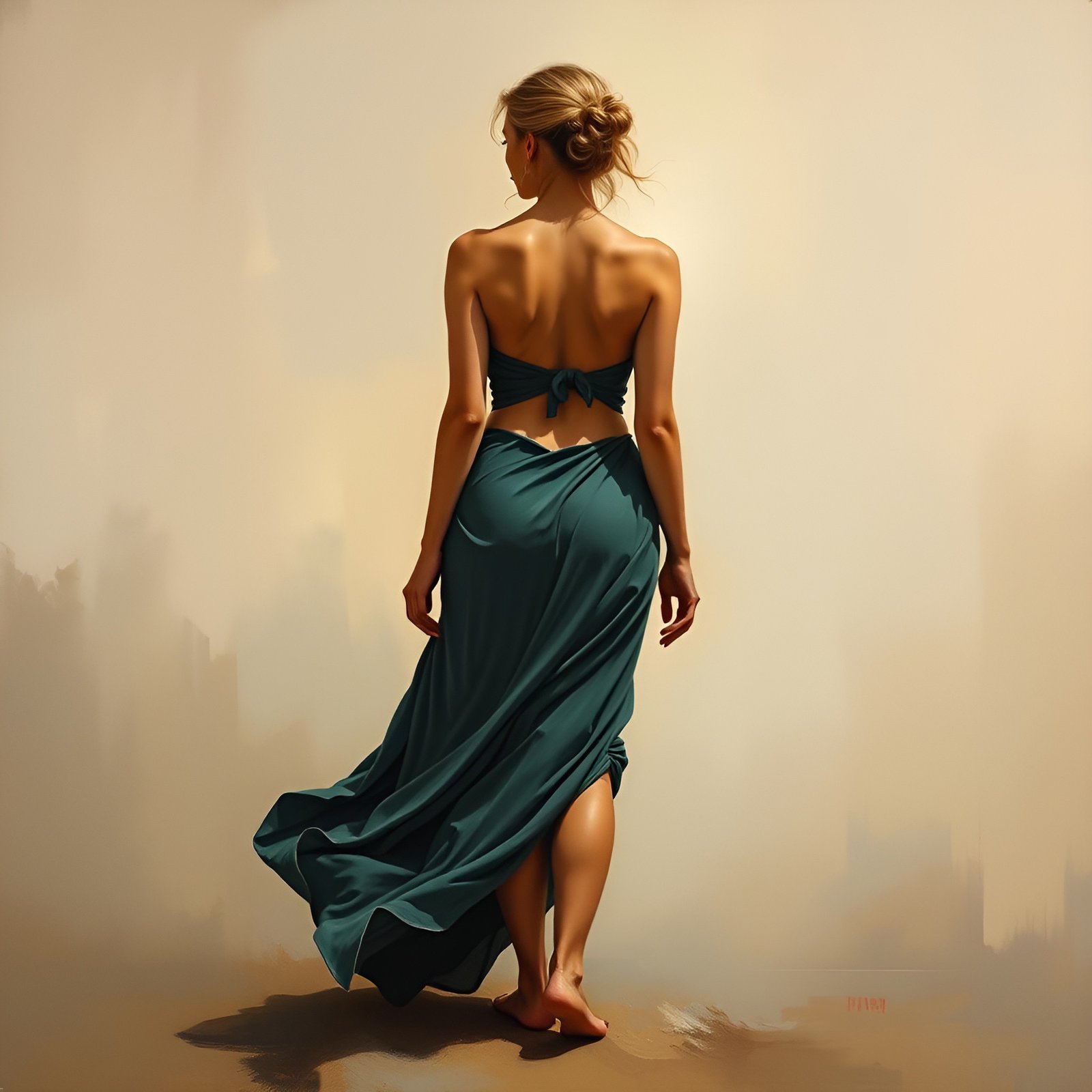 Painting of a blonde woman in a teal strapless wrap dress walking on sand