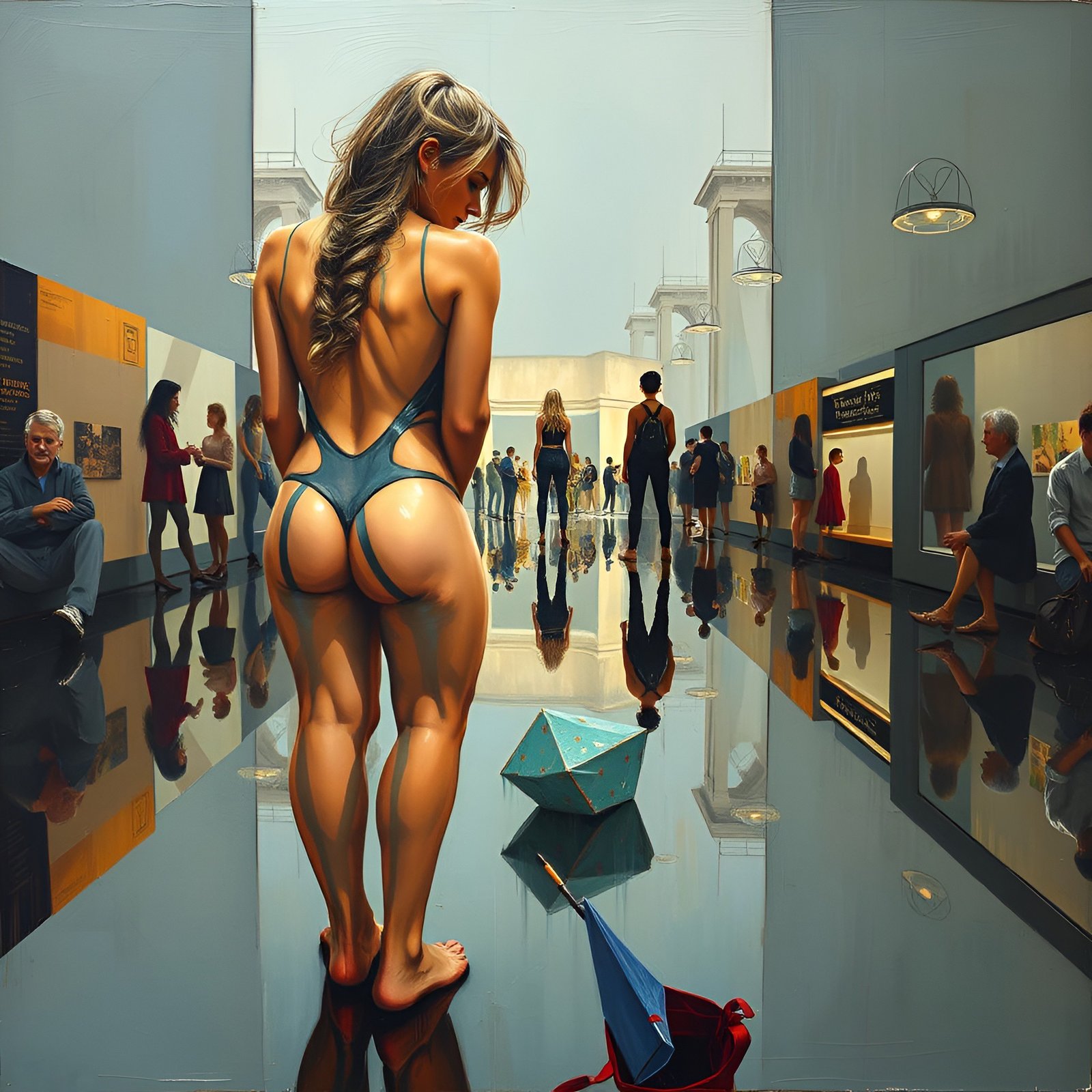 Painting of a blonde woman in a teal swimsuit standing in a museum gallery