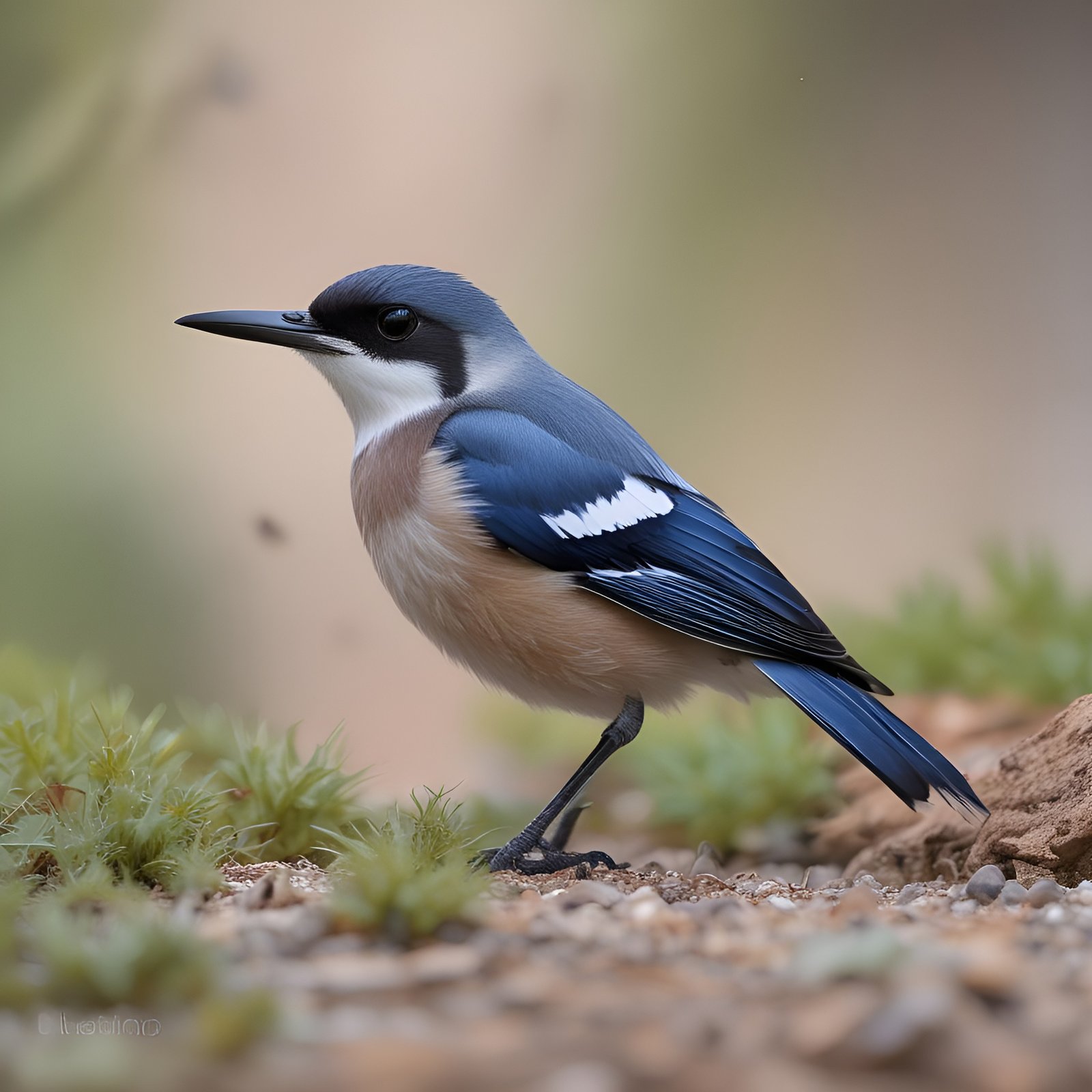 Blue bird with white breast and black head standing on ground with green moss