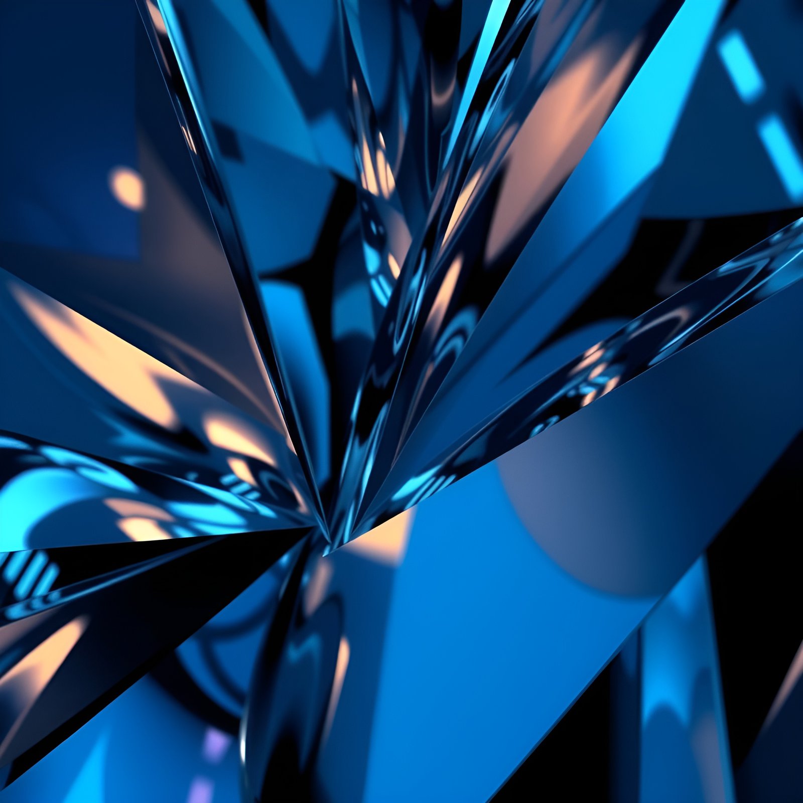 Abstract art of blue chrome crystal facets meeting at a point with peach highlights.