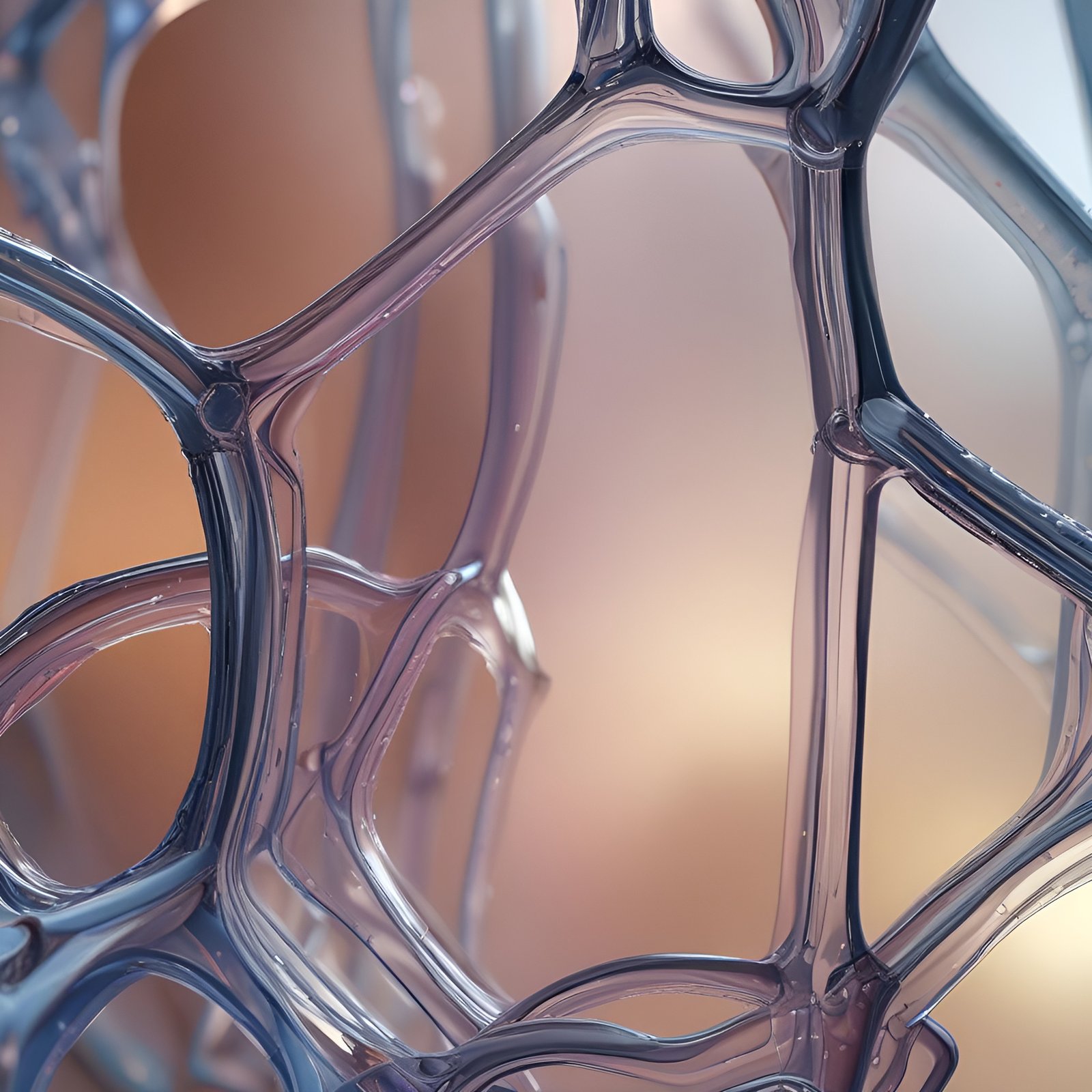 Blue gray glass honeycomb lattice glowing with peach light in abstract art