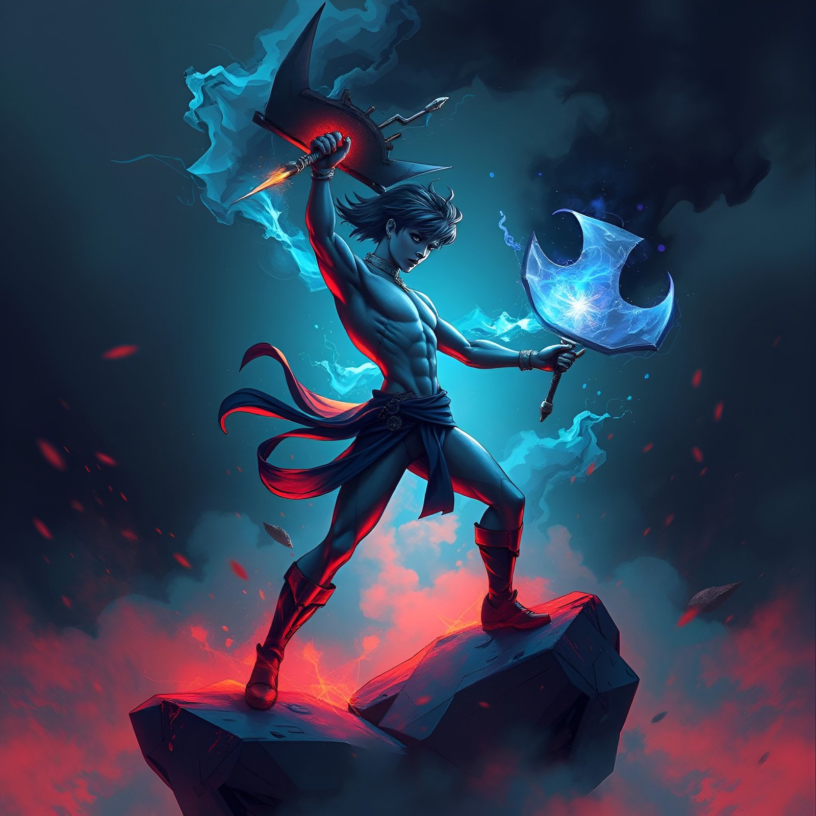 A cartoon image of a blue-skinned warrior in a dark sash and boots on a rock holding dual axes with cyan glow and red rim light.
