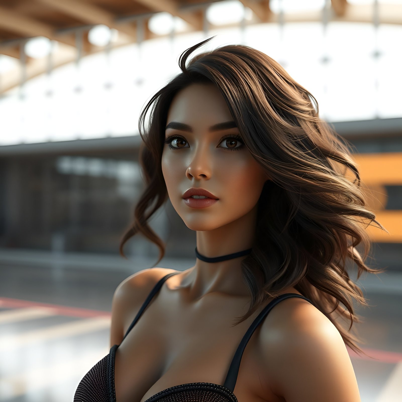 Photo of a brunette woman in a black strappy top in a glass airport hall