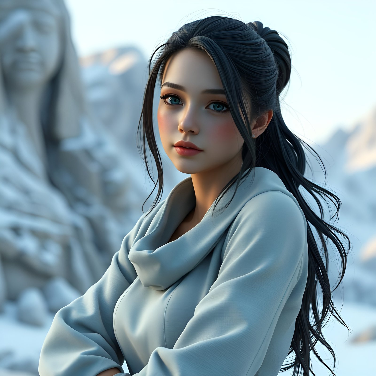 A brunette woman with blue eyes on a snowy mountain with a statue carved into the rock