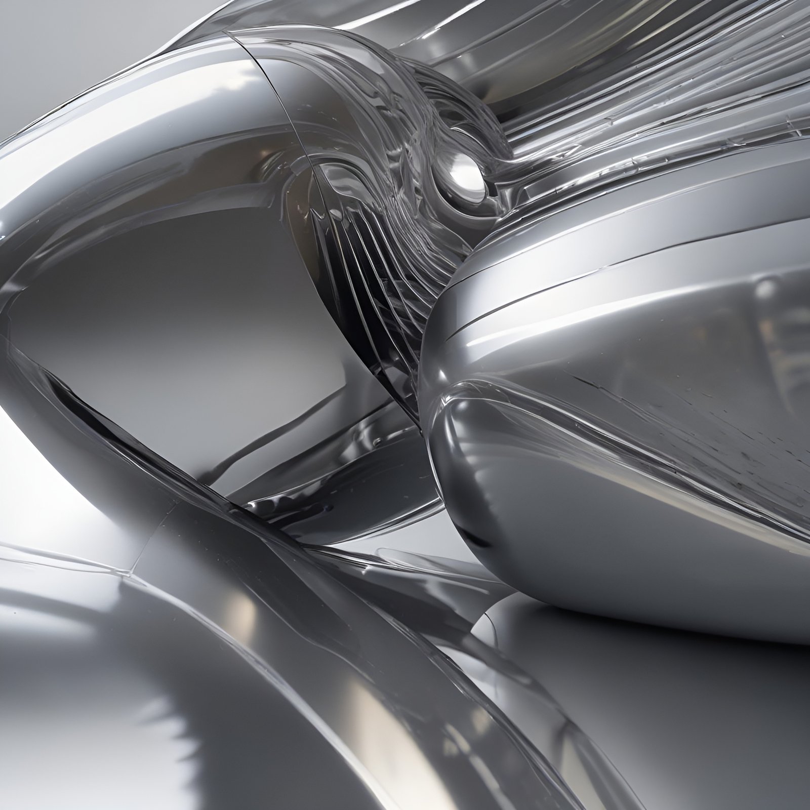 Brushed silver ribbed sculpture on a gray plane in abstract art