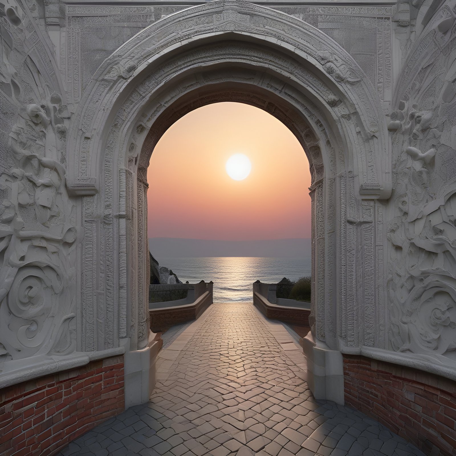 A creative photograph of a carved white stone arch with a brick base framing a cobble path to an ocean sunset.