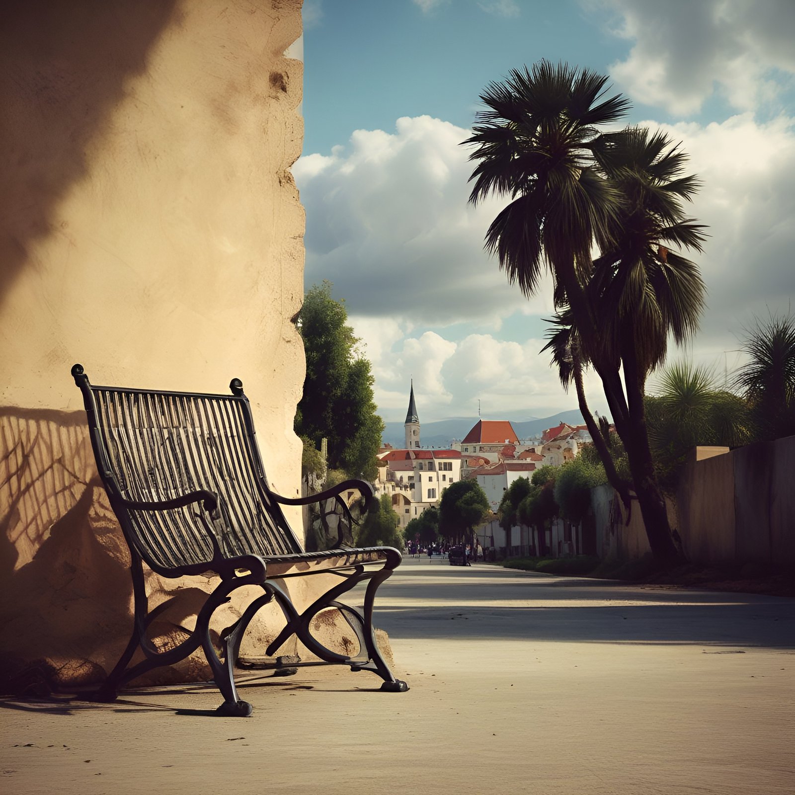 A nature photograph of a cast-iron slat bench against an ochre stucco wall with two fan palms and a white church spire.