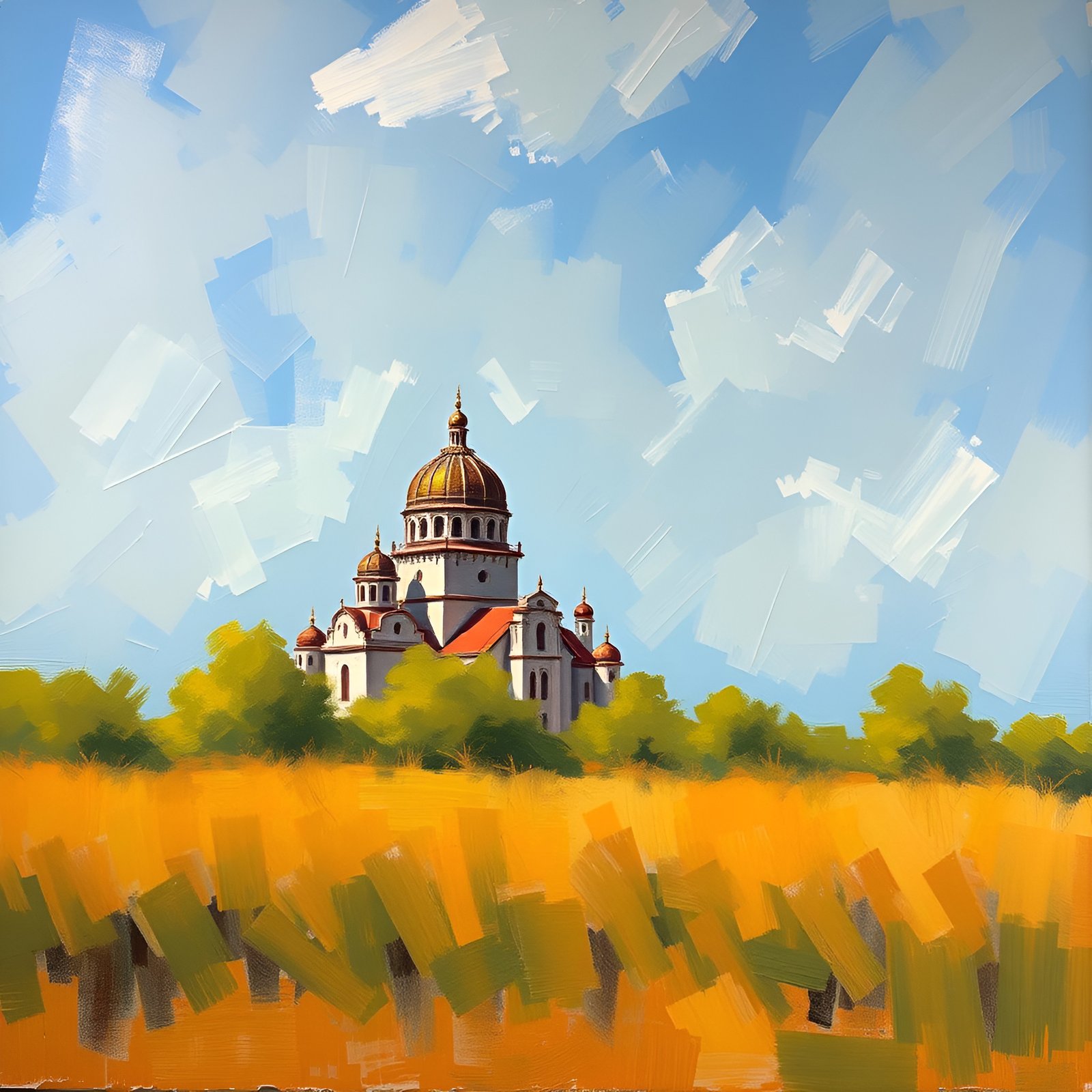 Oil painting of cathedral with golden dome and red roofs in yellow field under blue sky