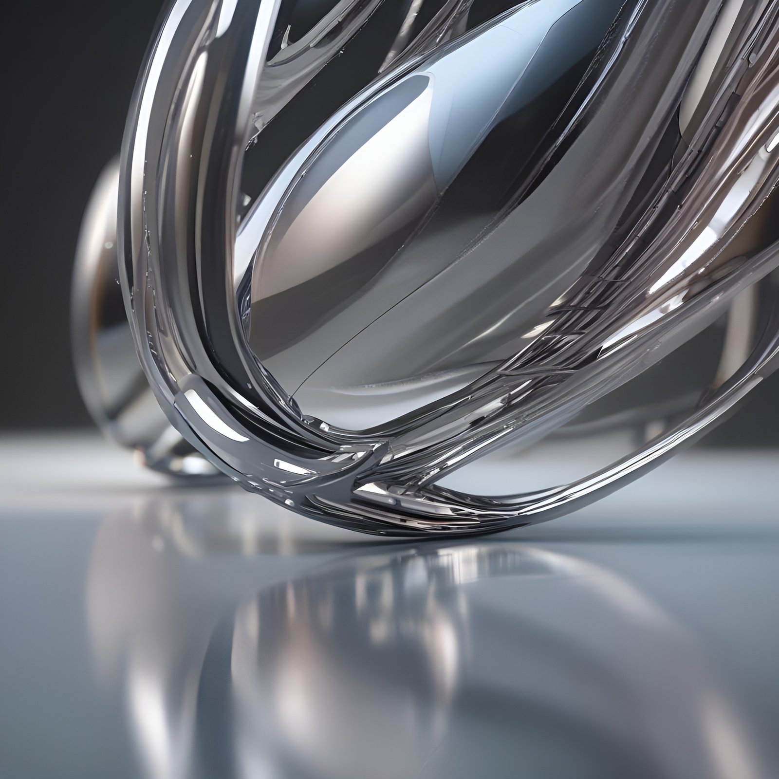 A 3d poster art of chrome metal ribbons wrapping an oval core on a pale reflective table.