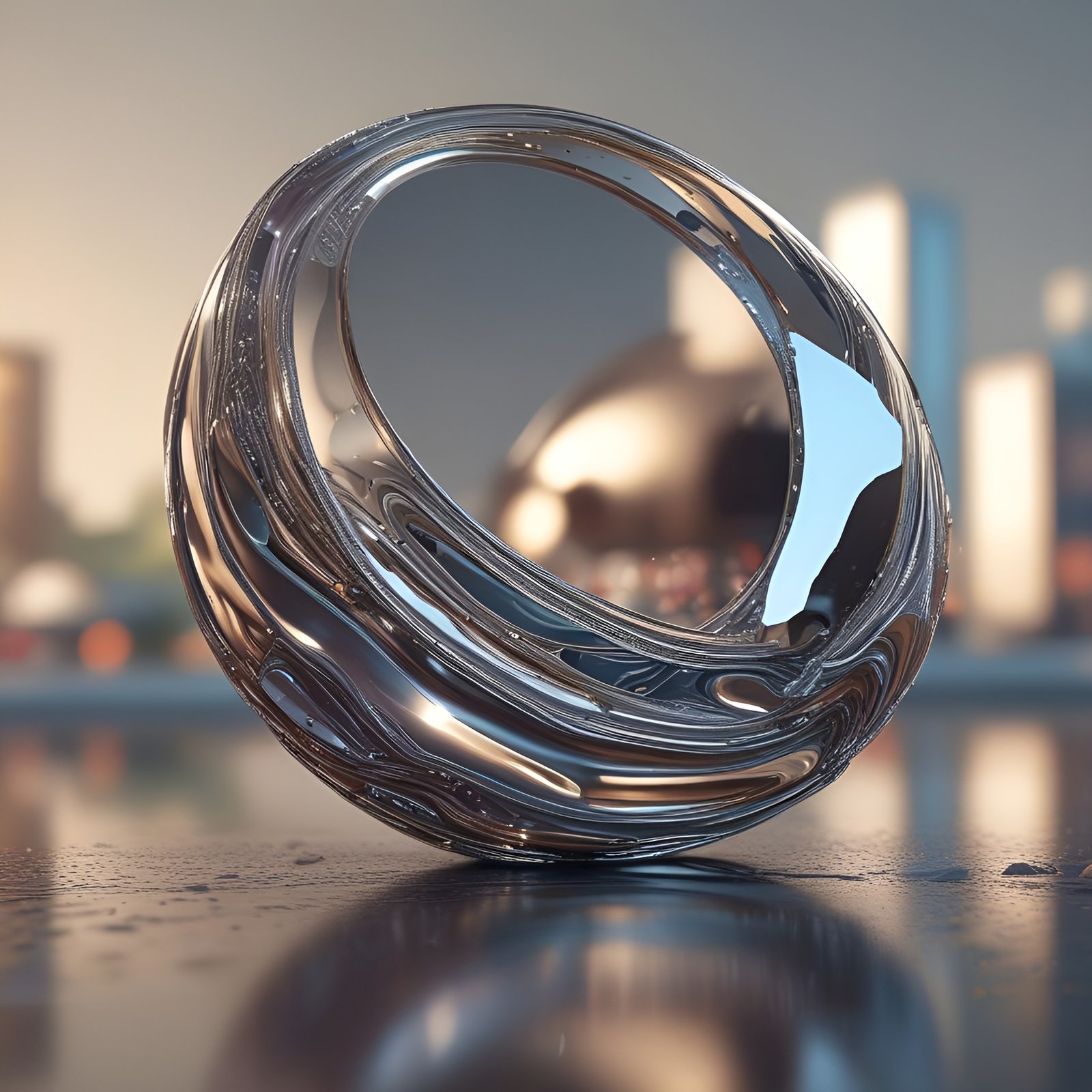 Chrome ring on wet pavement with blurred city buildings in abstract art