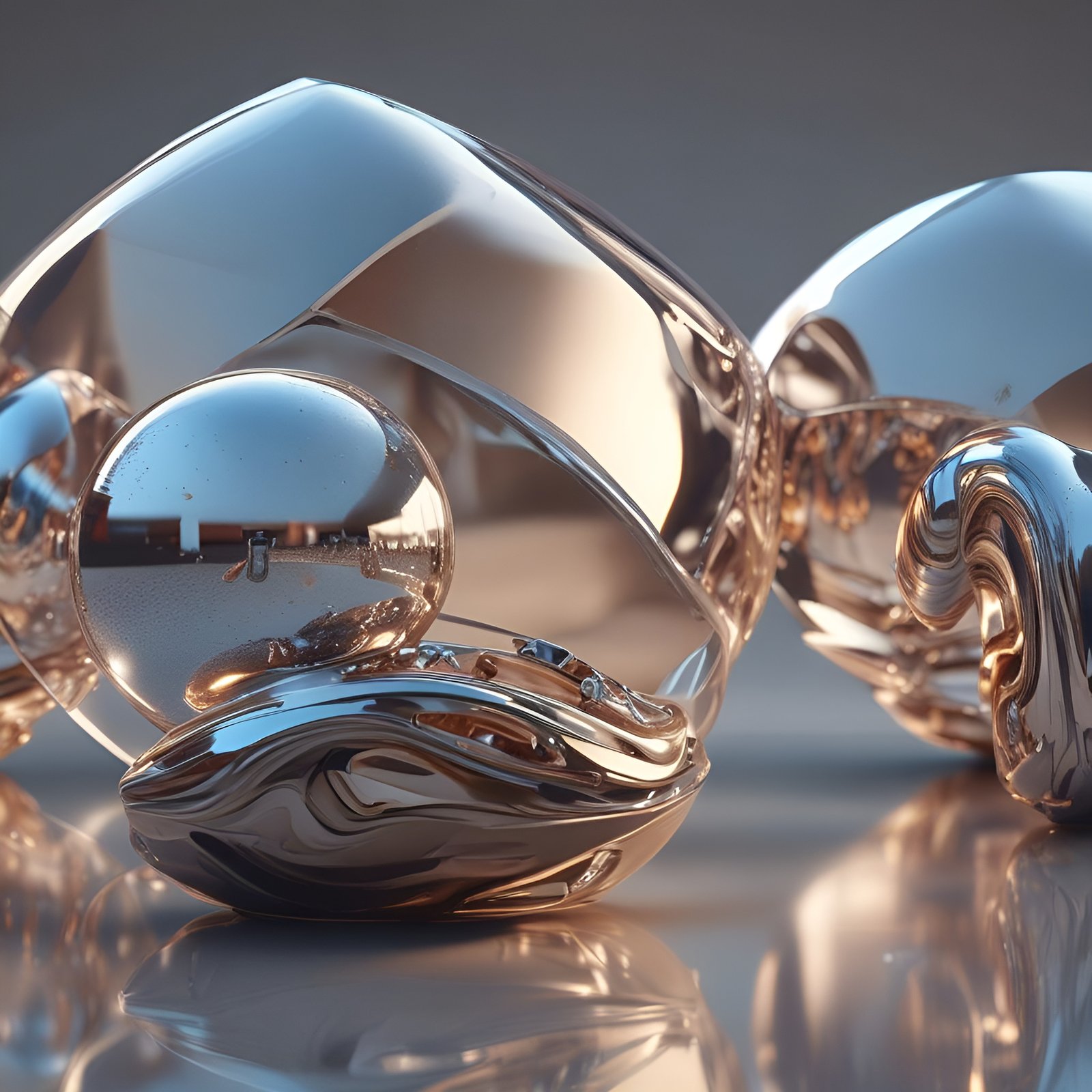 Chrome and rose gold metal blobs on a glossy floor in abstract art