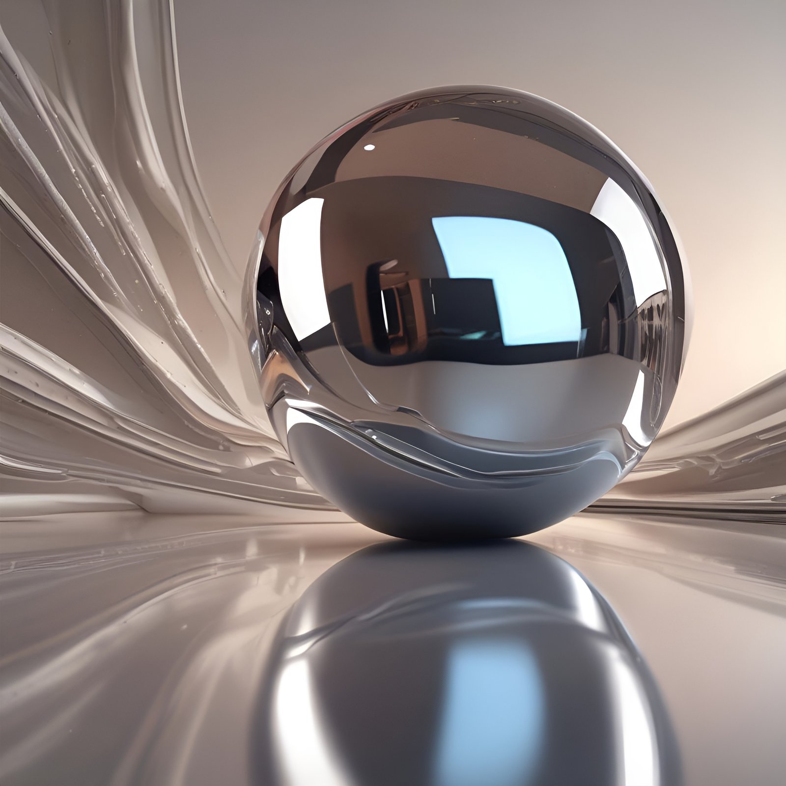 Photo of a chrome sphere on a beige floor with liquid metal walls