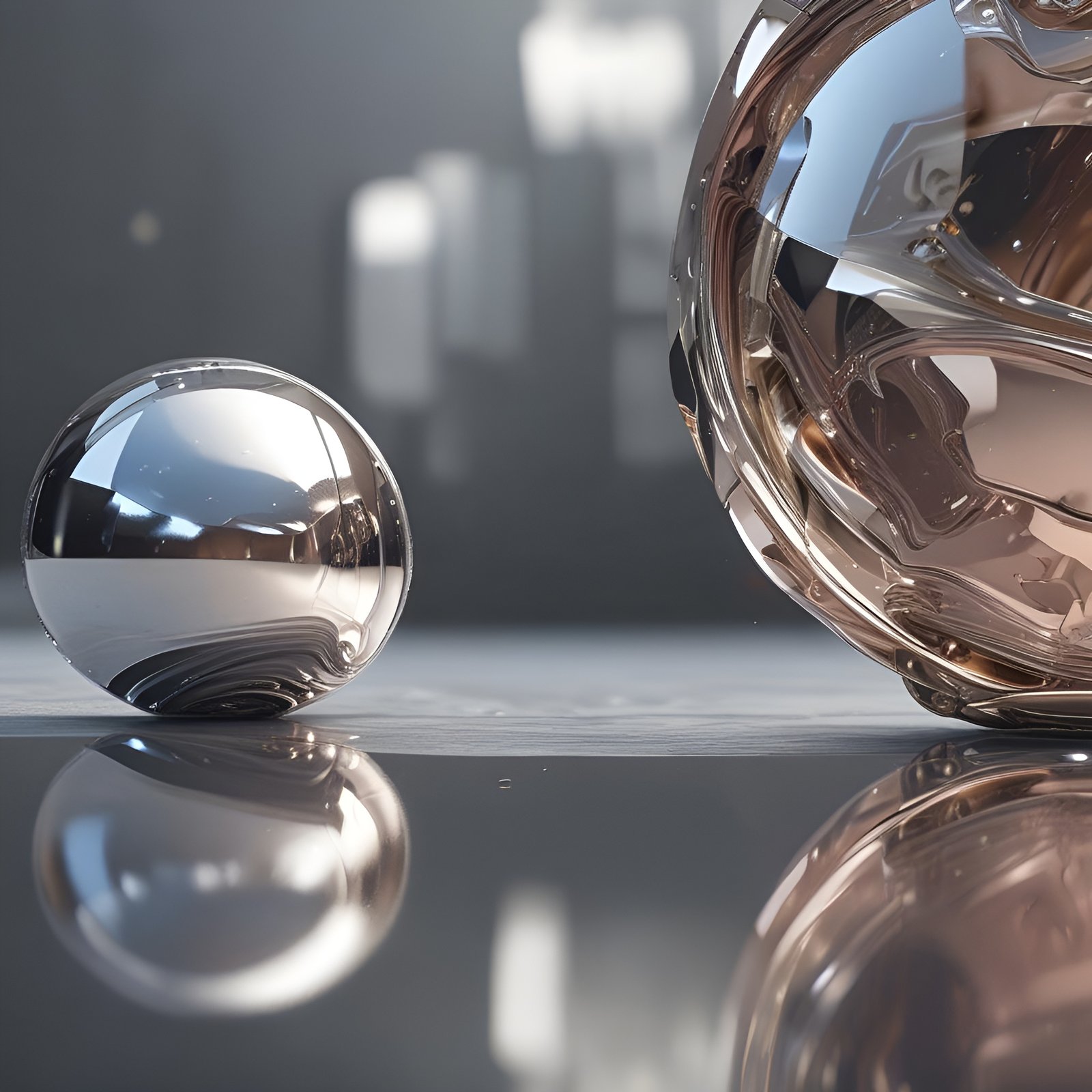 Photo of a chrome sphere beside a rose gold glass orb on a glossy gray table
