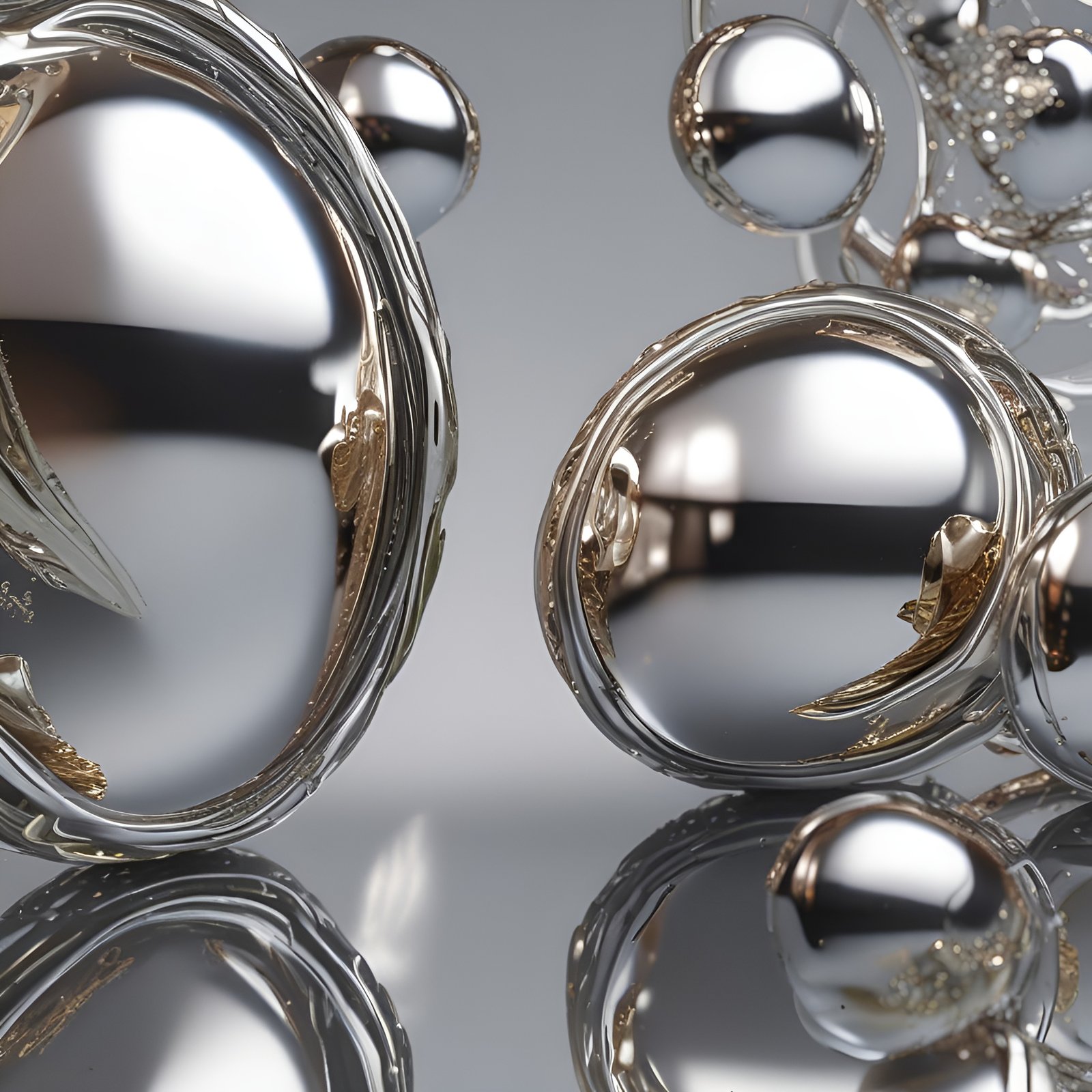 Photo of chrome spheres with silver and gold highlights on a gray floor