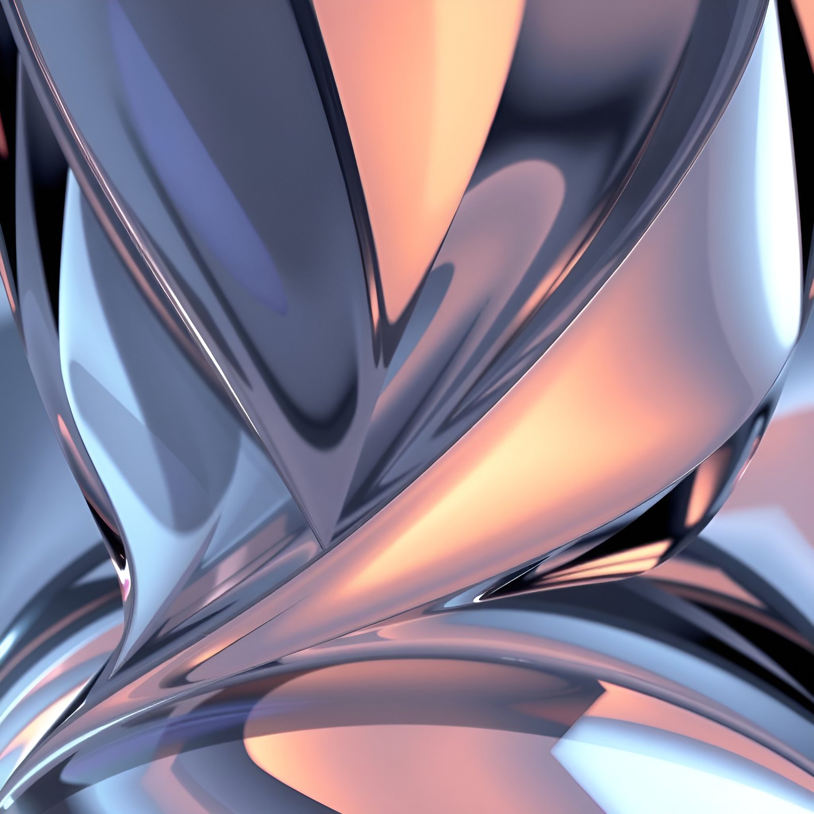 Abstract art of glossy chrome folds in steel blue, peach, and silver like a liquid metal sculpture.