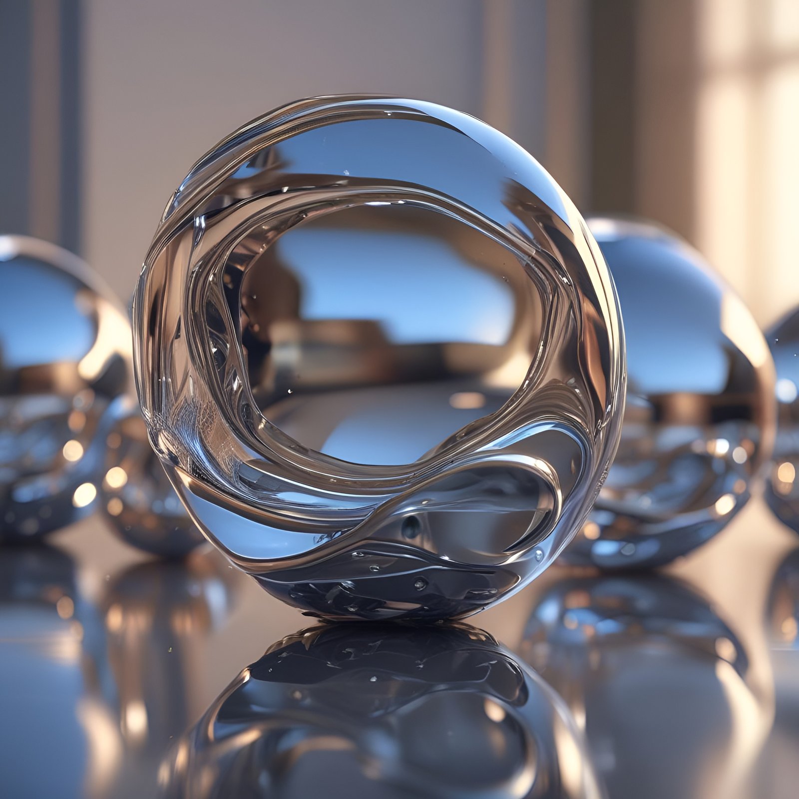 Photo of a chrome torus with chrome spheres on a reflective table
