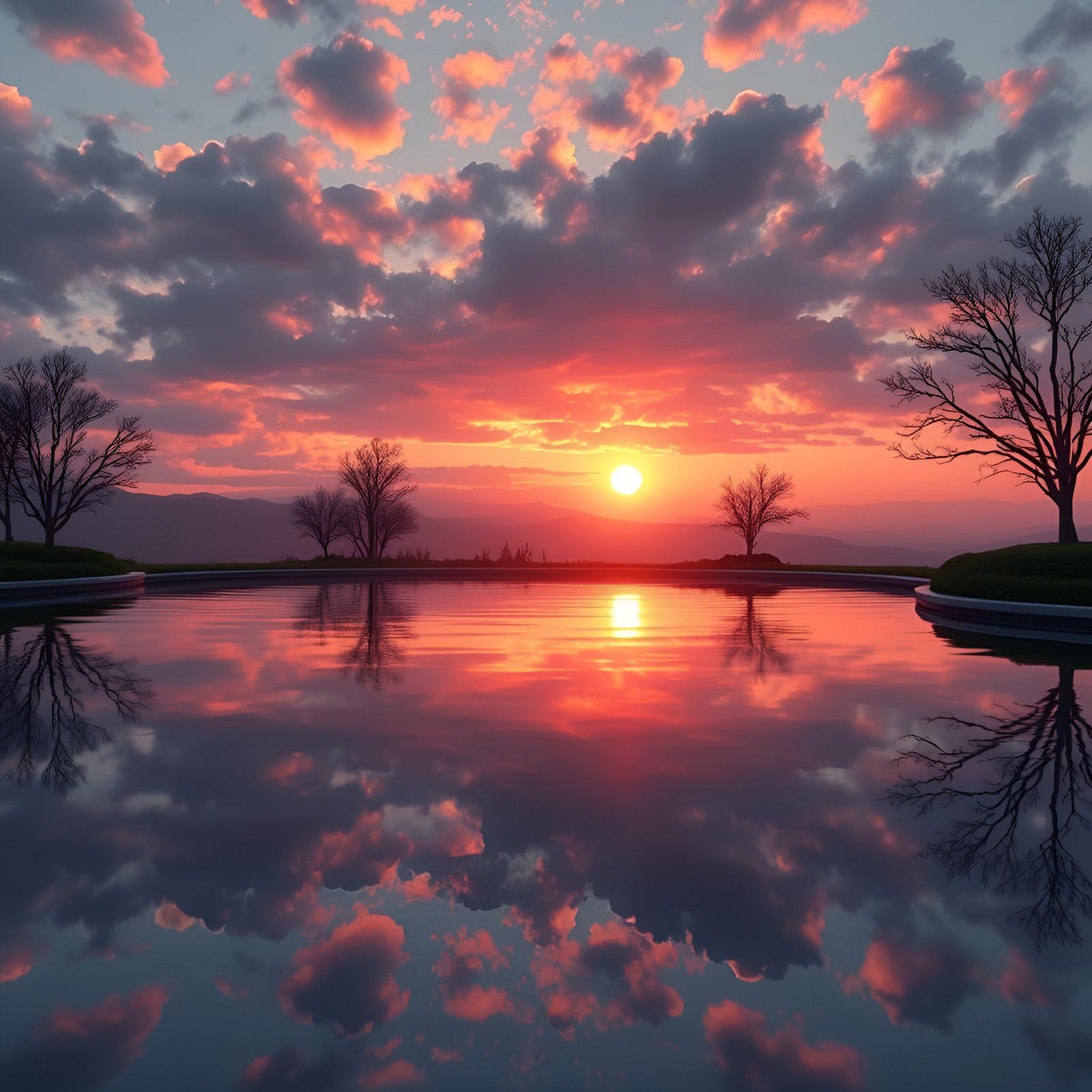 Photo of a circular reflecting pool at sunset with bare trees and mountains