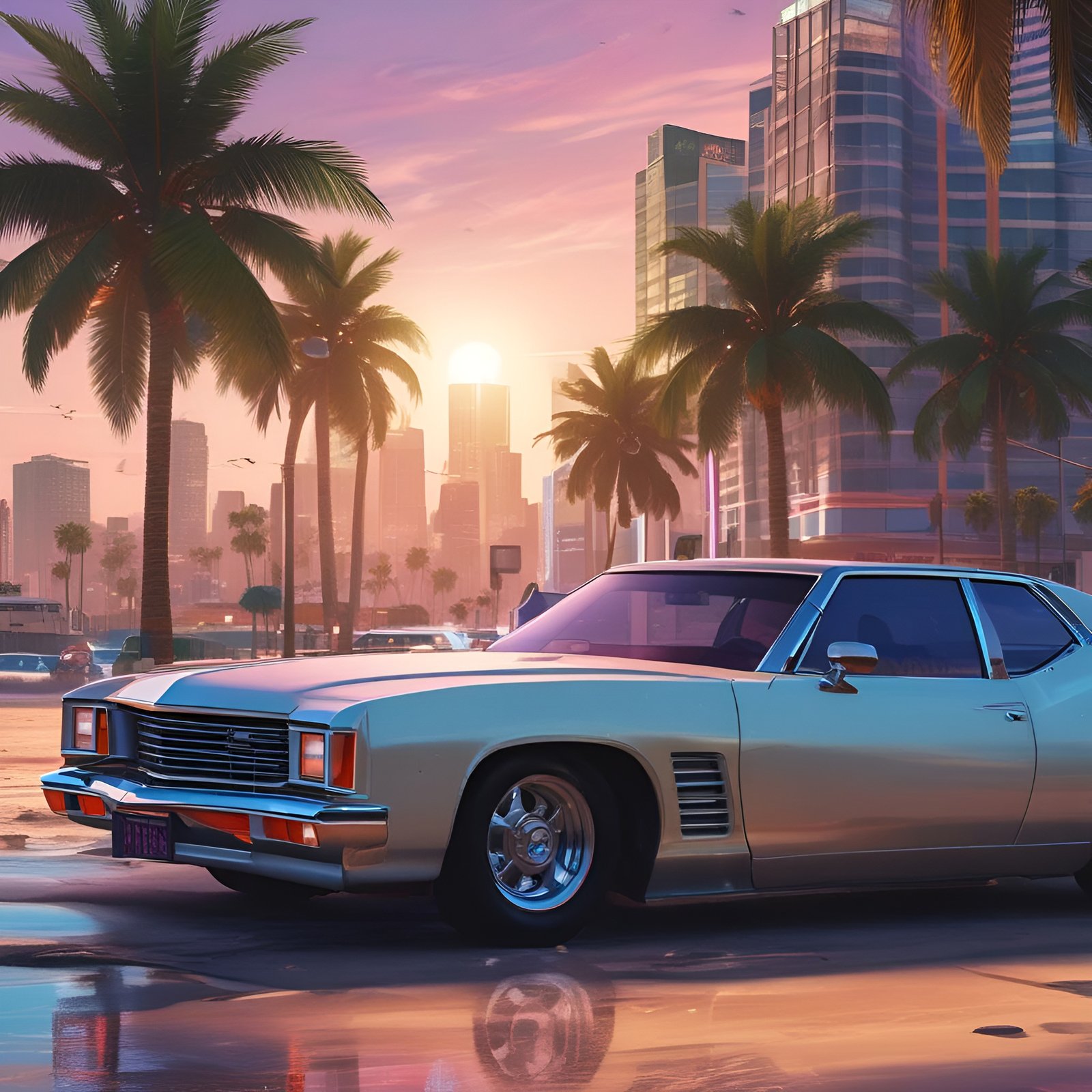 City street with classic car and palm trees at sunset with orange sky