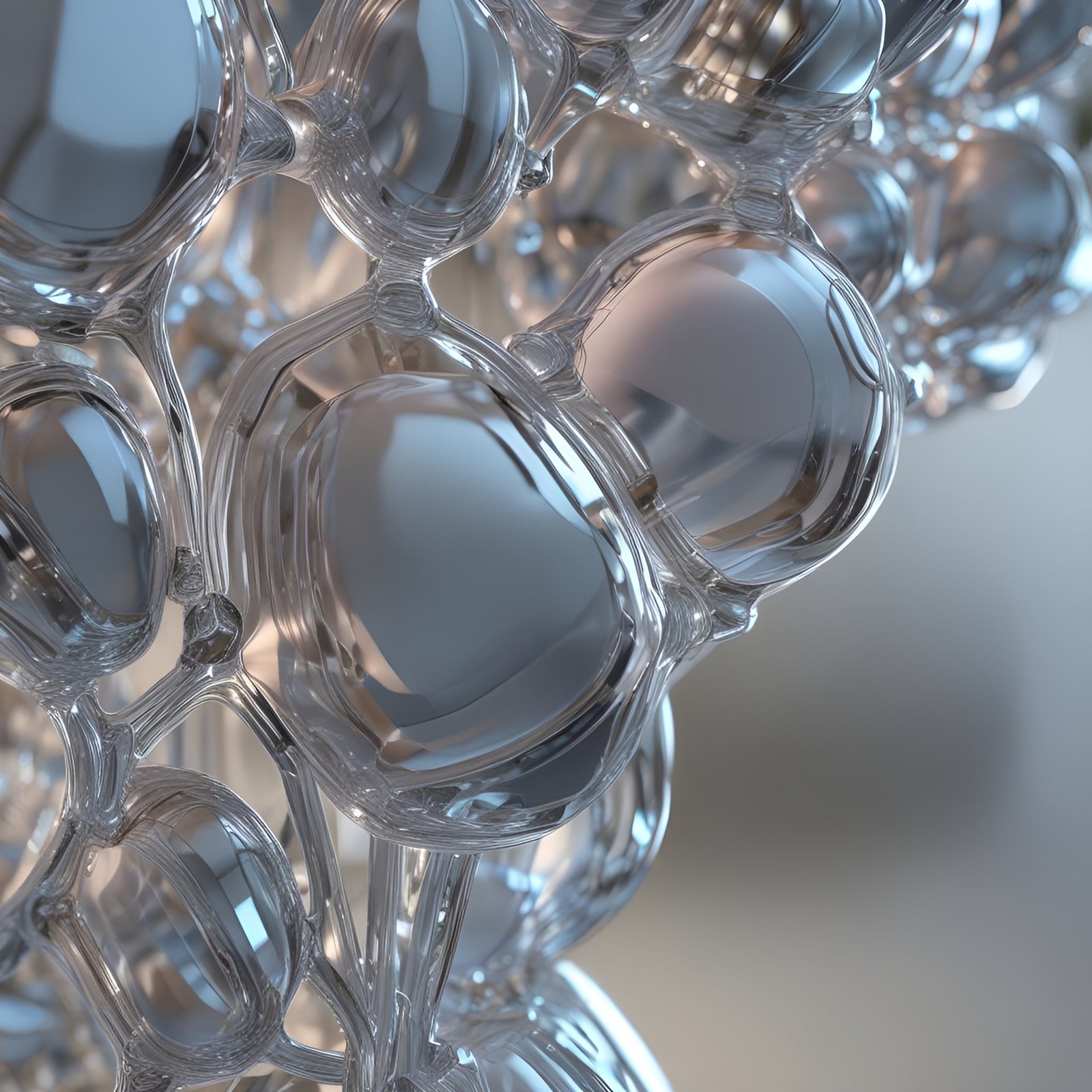 Clear glass bubble cells in a honeycomb lattice in abstract art