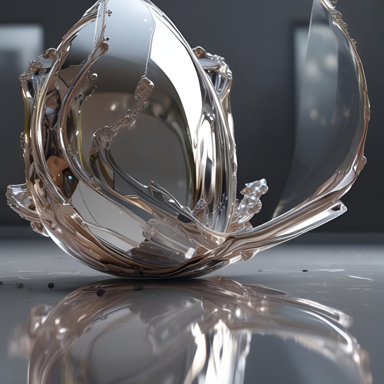 Photo of a clear glass and chrome organic sculpture on a glossy floor